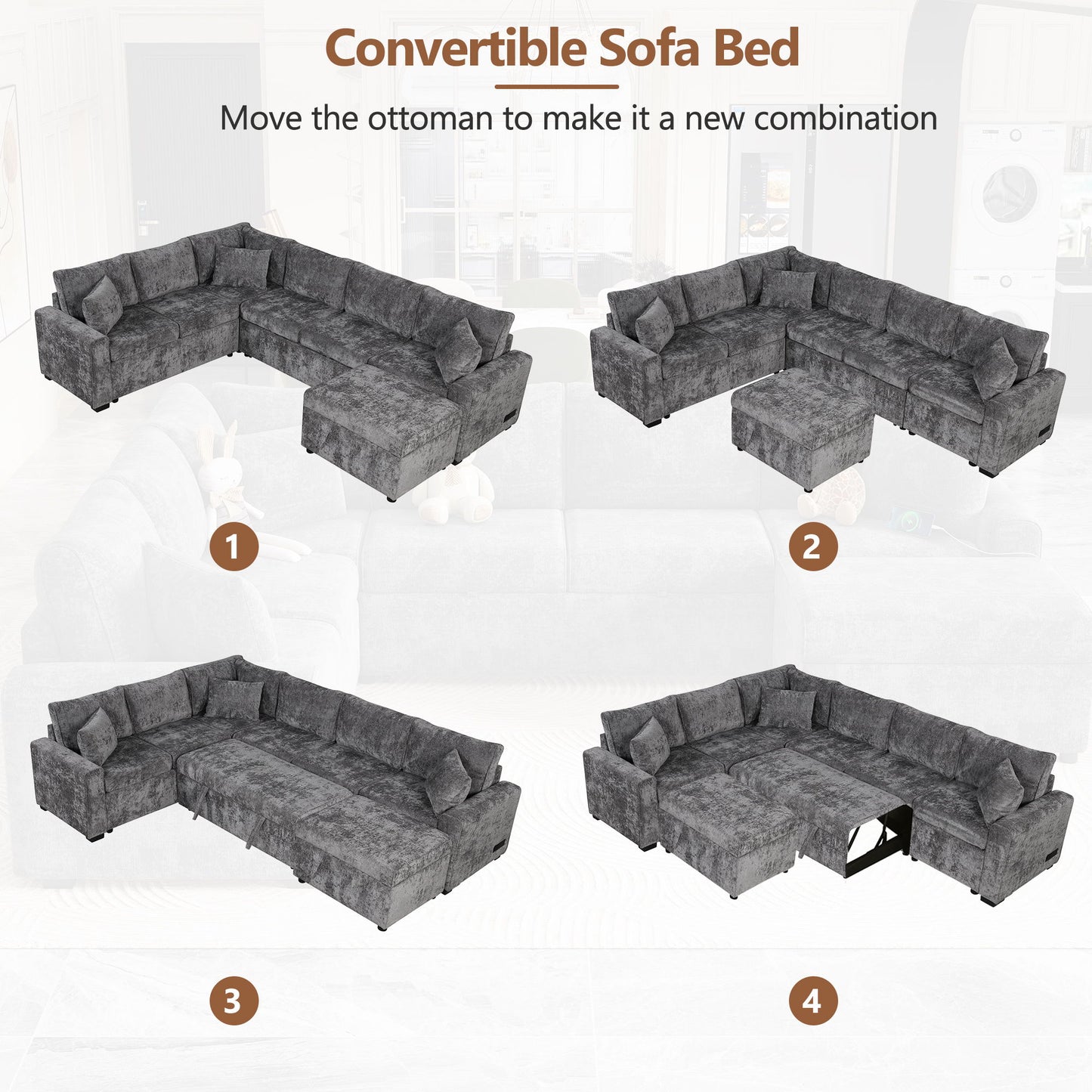 Sectional Sofa Pull-Out Sofa Bed Sleeper With A Storage Ottoman, Three Pillows And Charging Devices For Living Room