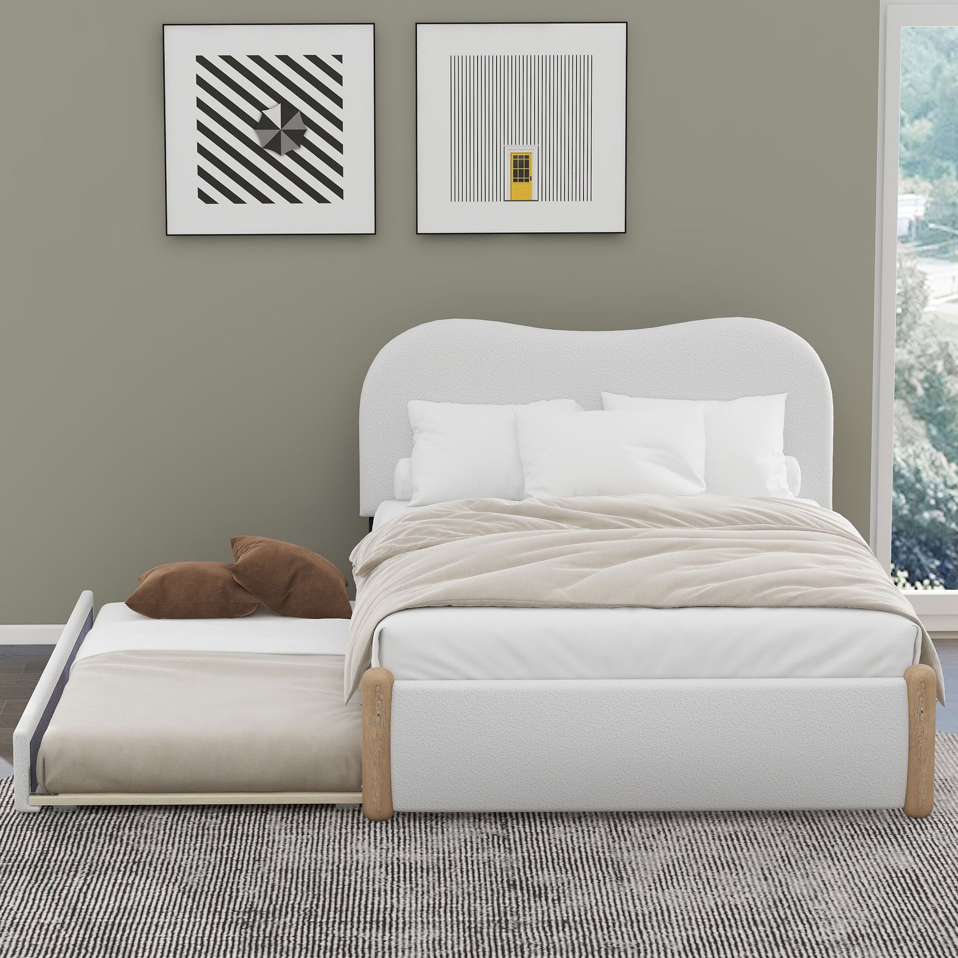 Upholstered Platform Bed With Wood Supporting Feet And Trundle