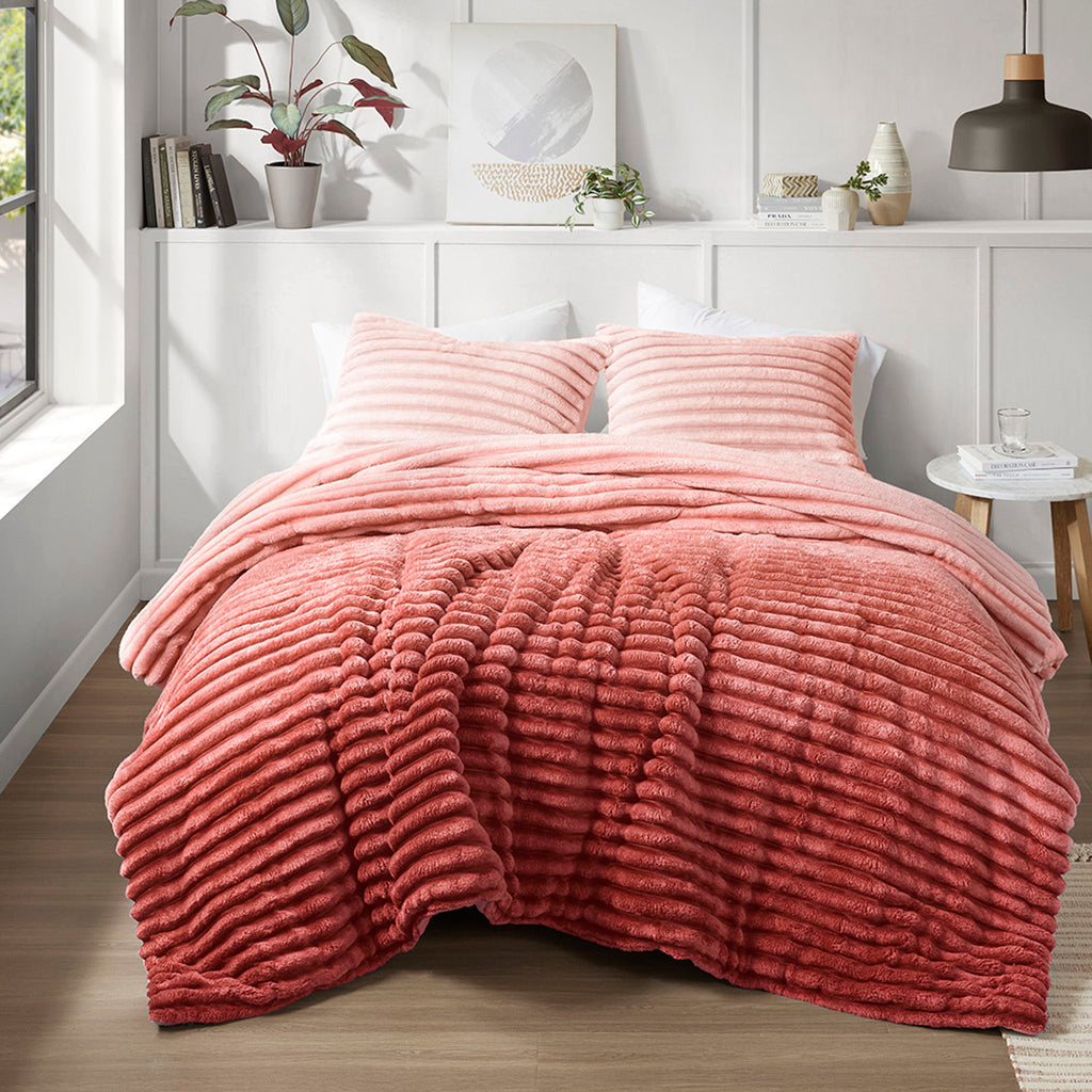 Avril - Twin/Twin Long Fluffy Ribbed Plush Comforter Set - Blush Ombre