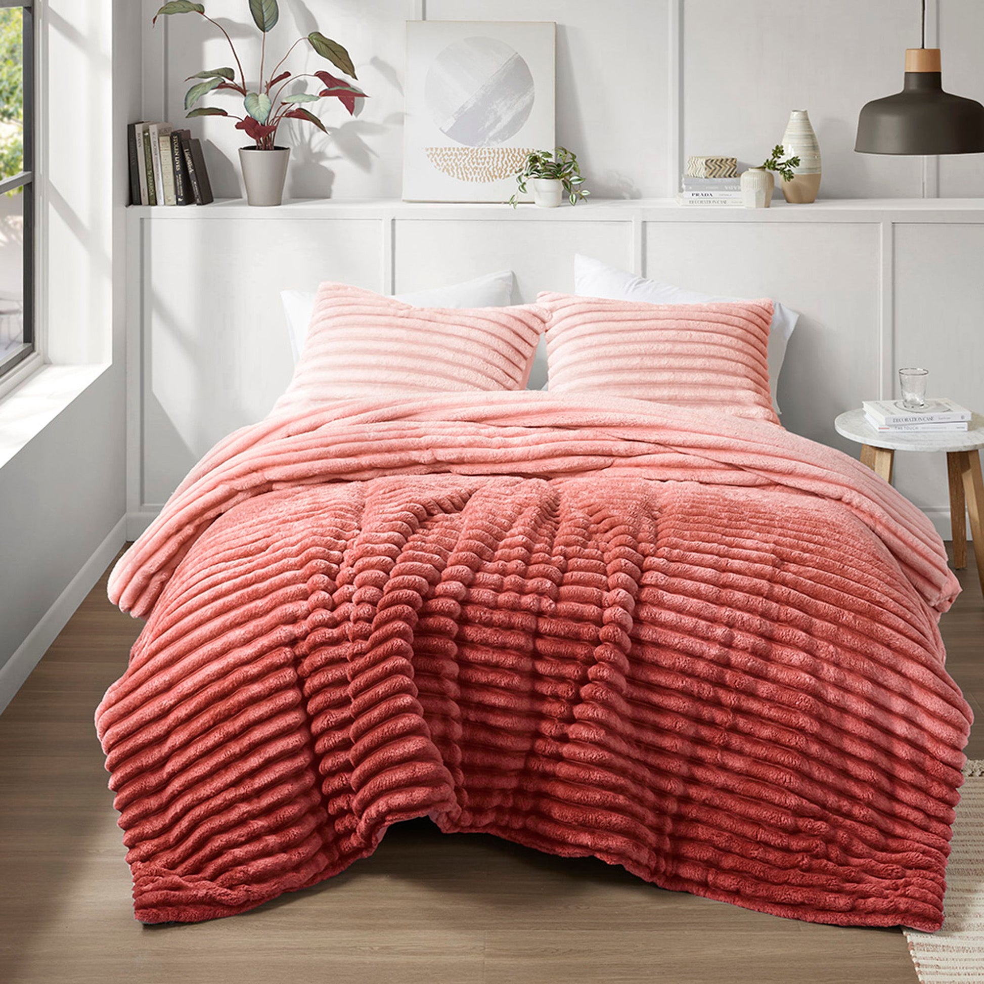 Avril - Twin/Twin Long Fluffy Ribbed Plush Comforter Set - Blush Ombre