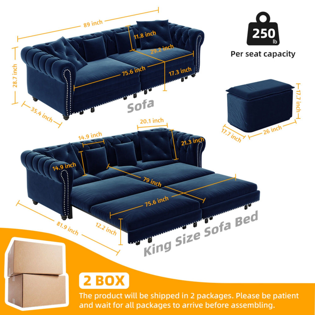 3 In 1 Pull Out Convertible Sleeper Sofa Bed, King Size, Chaise Lounge