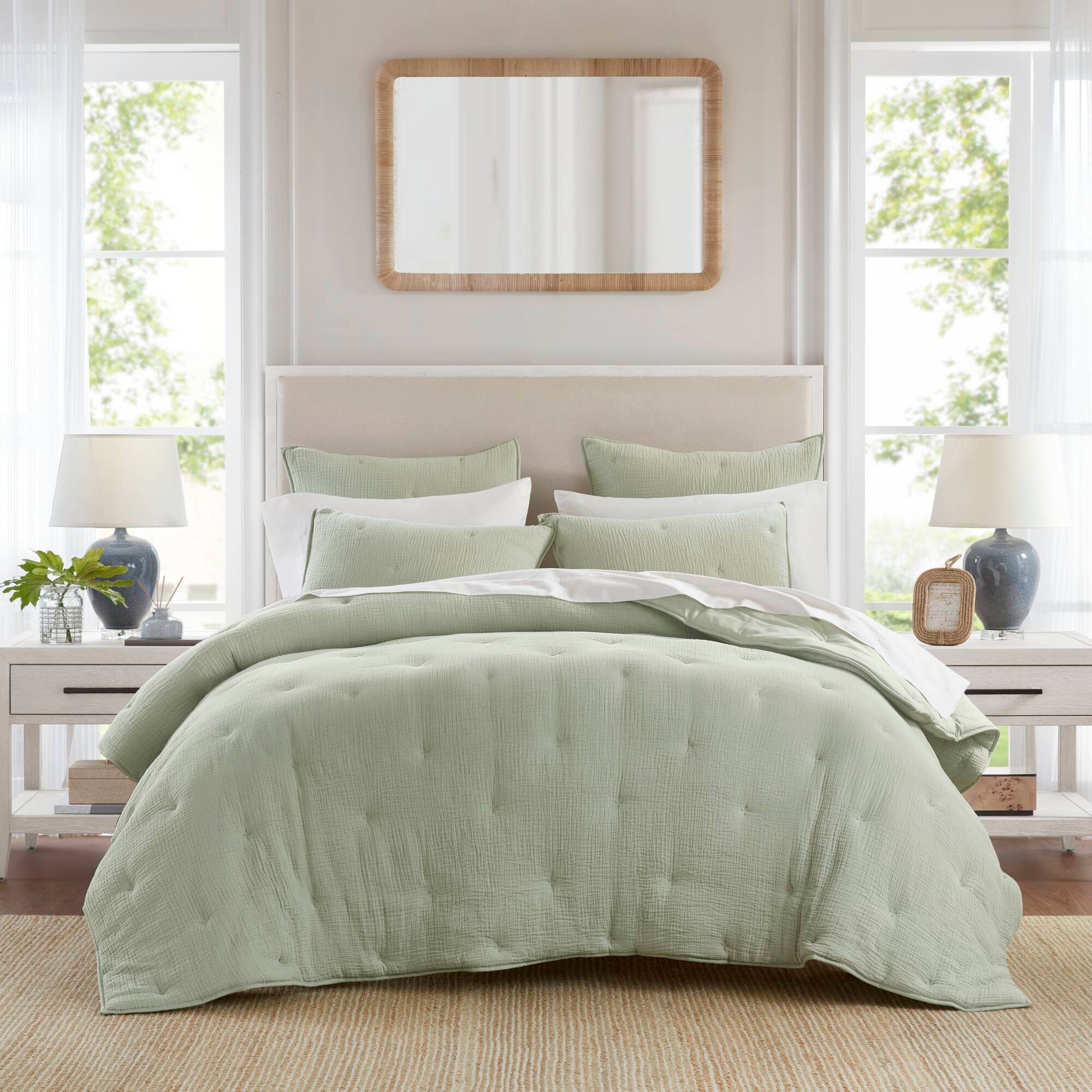 Breeze - King Cotton Gauze Embroidered Quilt Set - Sage