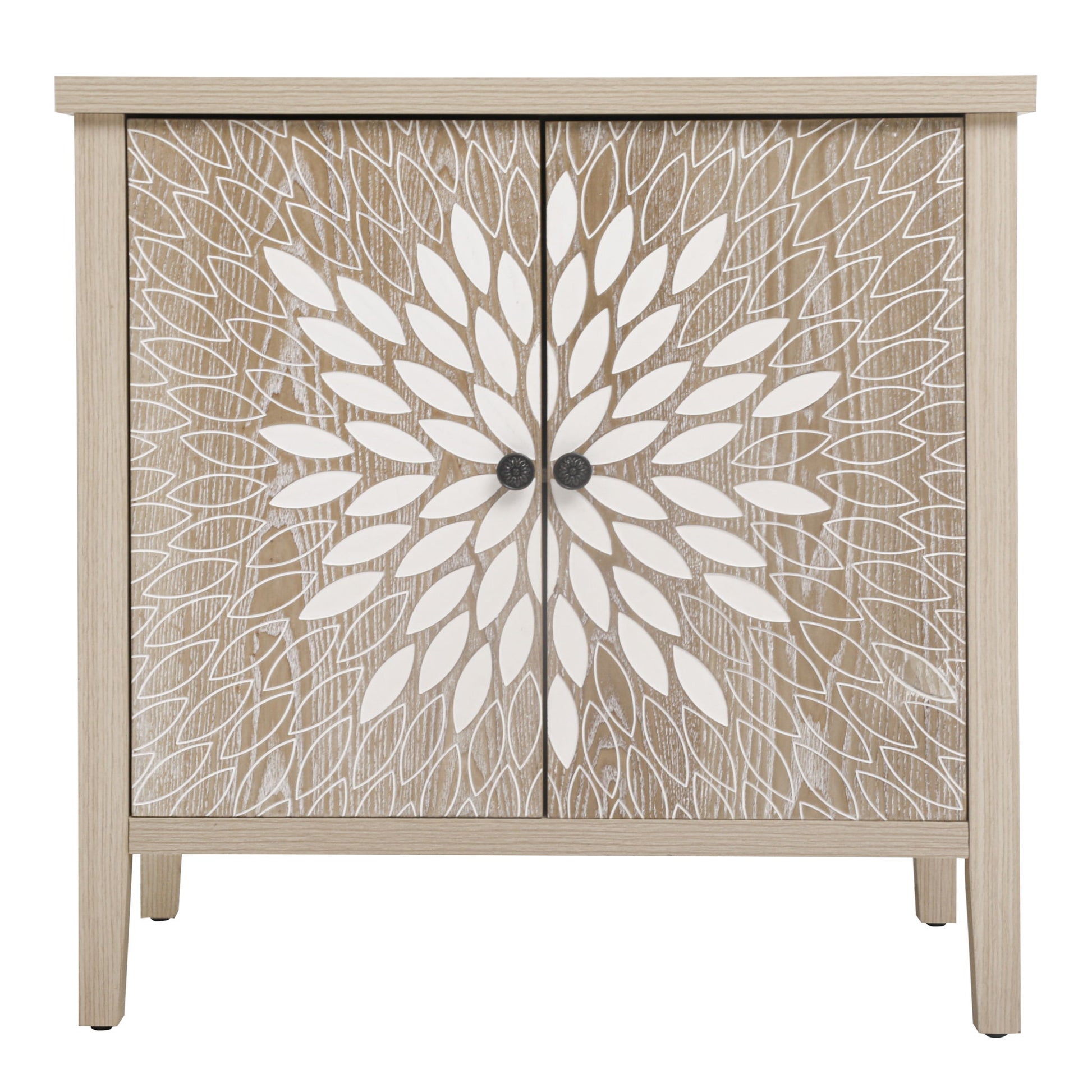 2 Door Carved Storage Cabinet With Adjustable Shelf, Accent Furniture