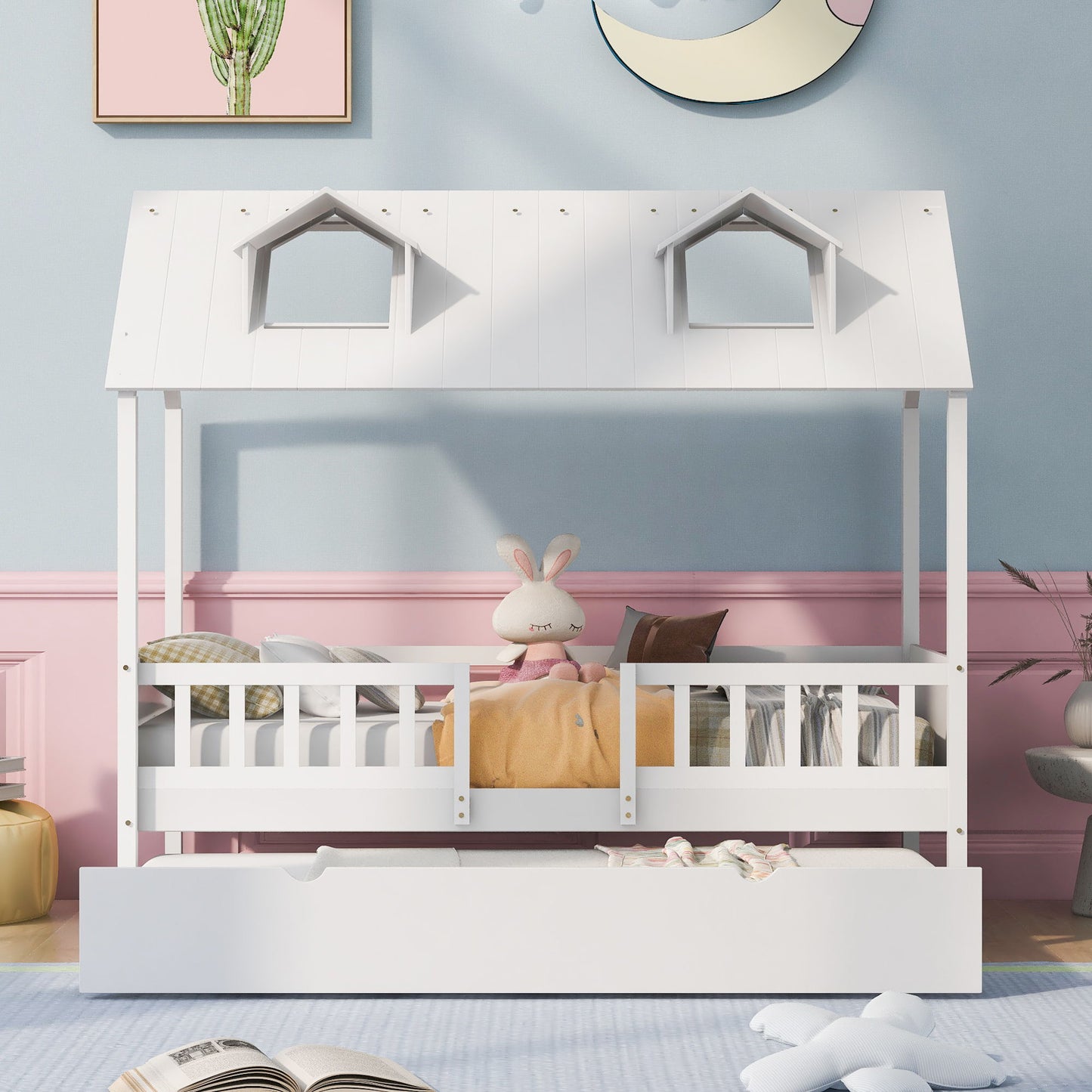 Gewnee - Twin Kids House Bed With Trundle - White