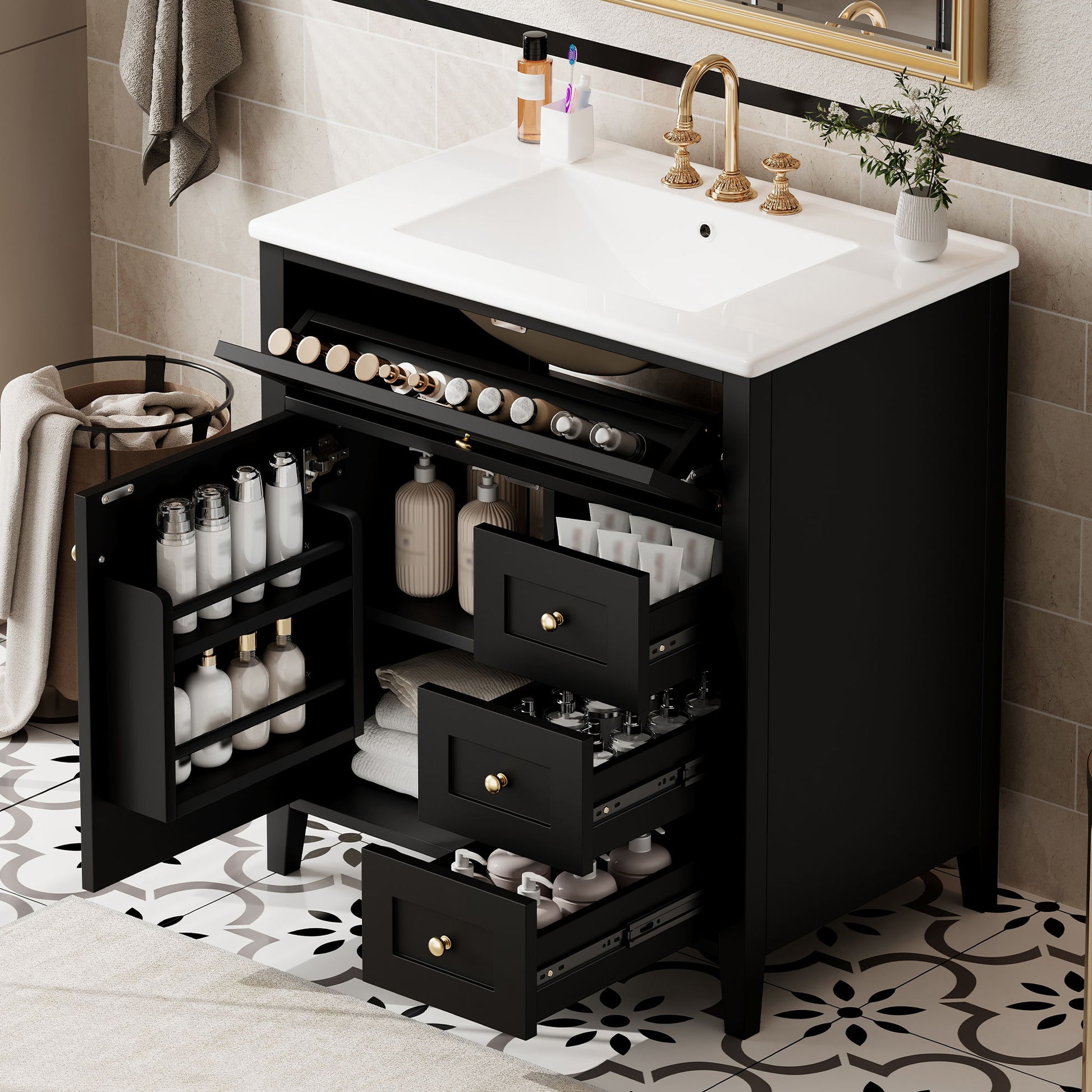 Bathroom Vanity With Sink, 3 Drawers And Adjustable Shelf