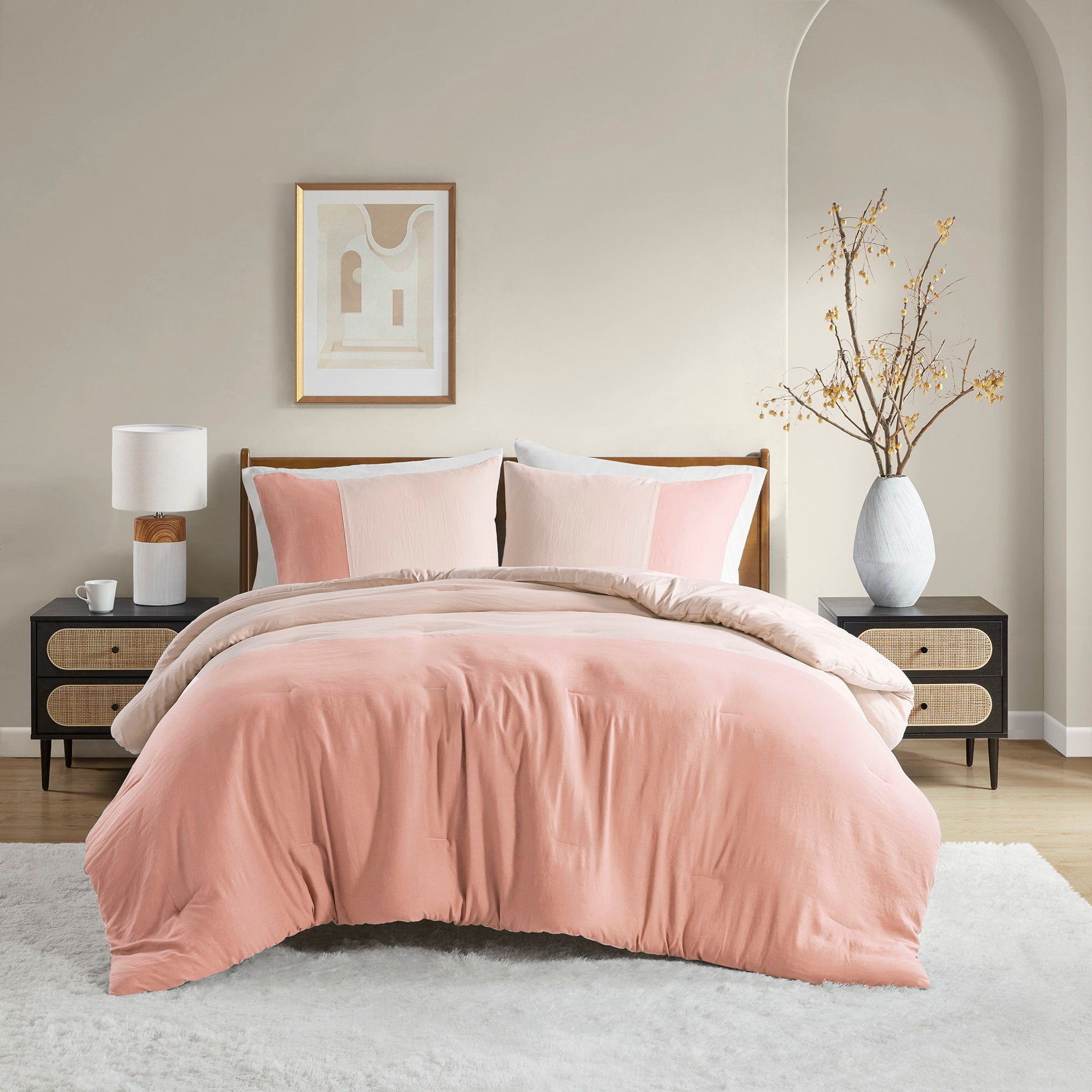 Miro - Twin/Twin Long Soft Washed Block Comforter Set - Pink