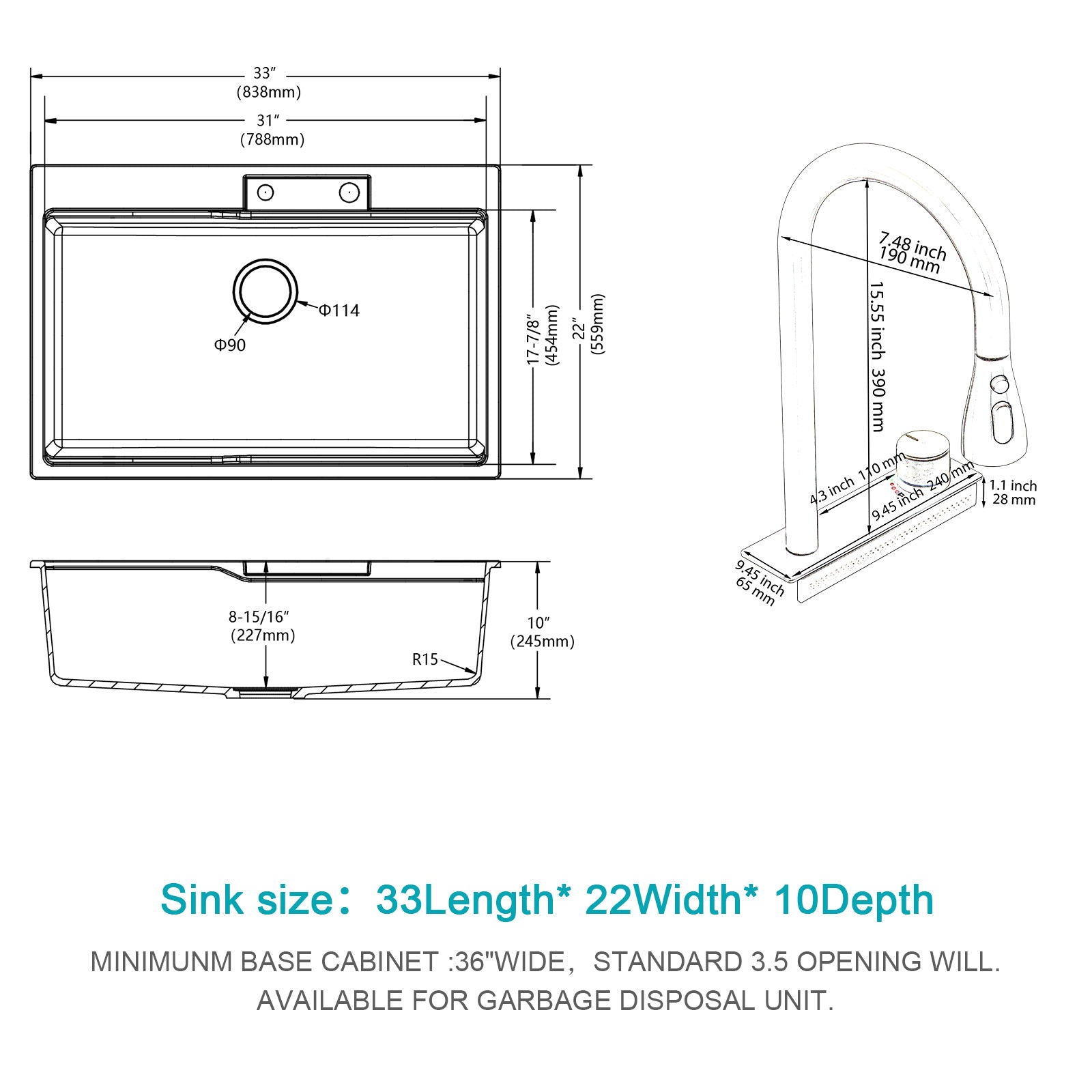 Waterfall Kitchen Sink With Pull Out Faucet & Cup Washer
