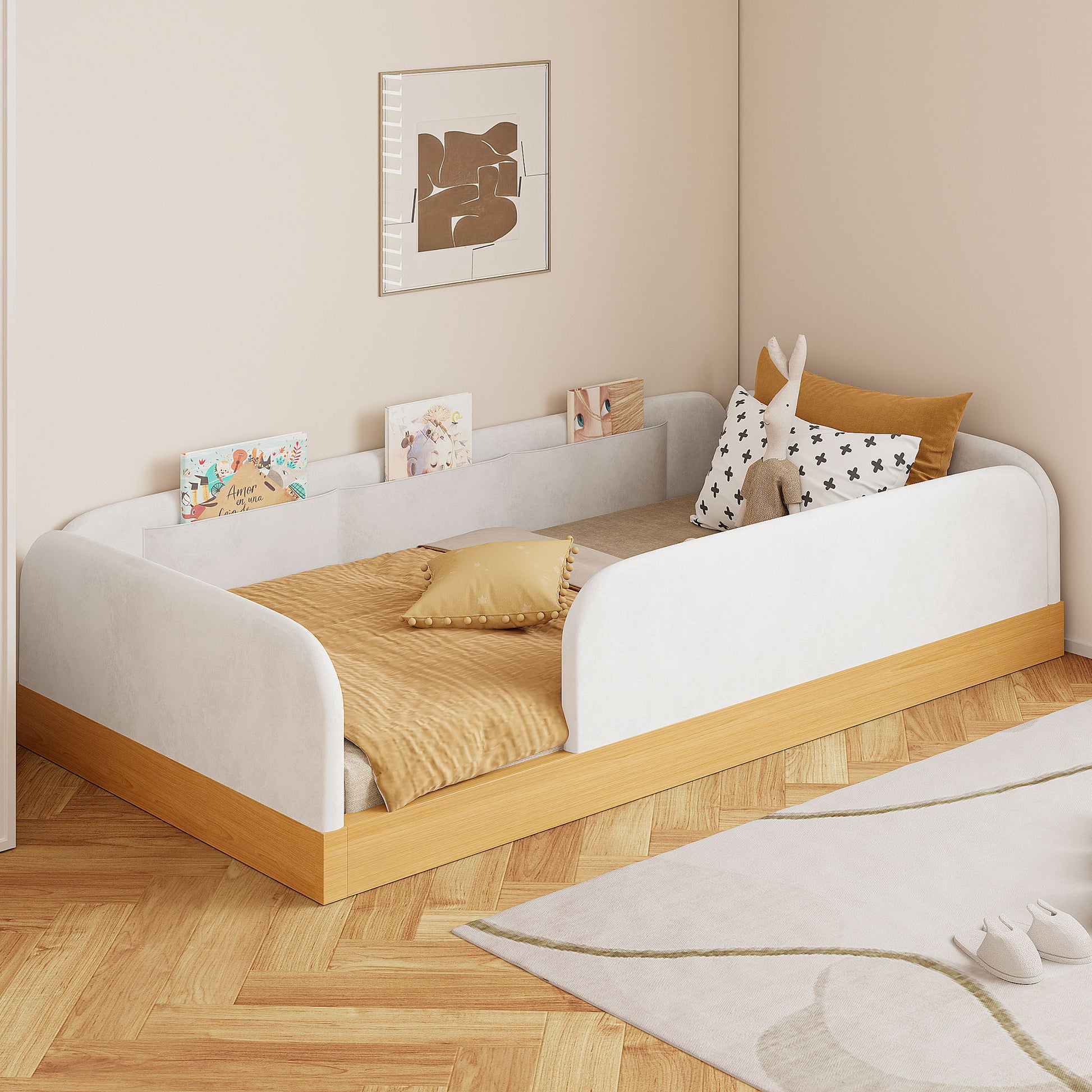 Twin Upholstered Platform Bed With Guardrail And Storage Bags - Natural