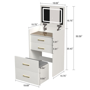 Compact 3 In 1 Vanity Desk With Open Top Mirror, Glass Desktop, 5 Height - White