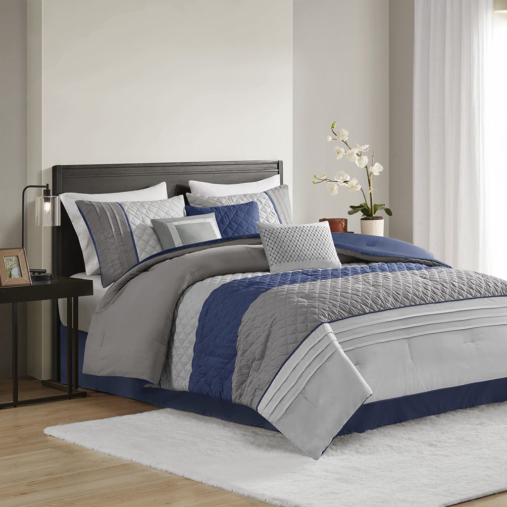 Greer - 7 Piece King Color Block Stripe Comforter Set With Throw Pillows - Blue