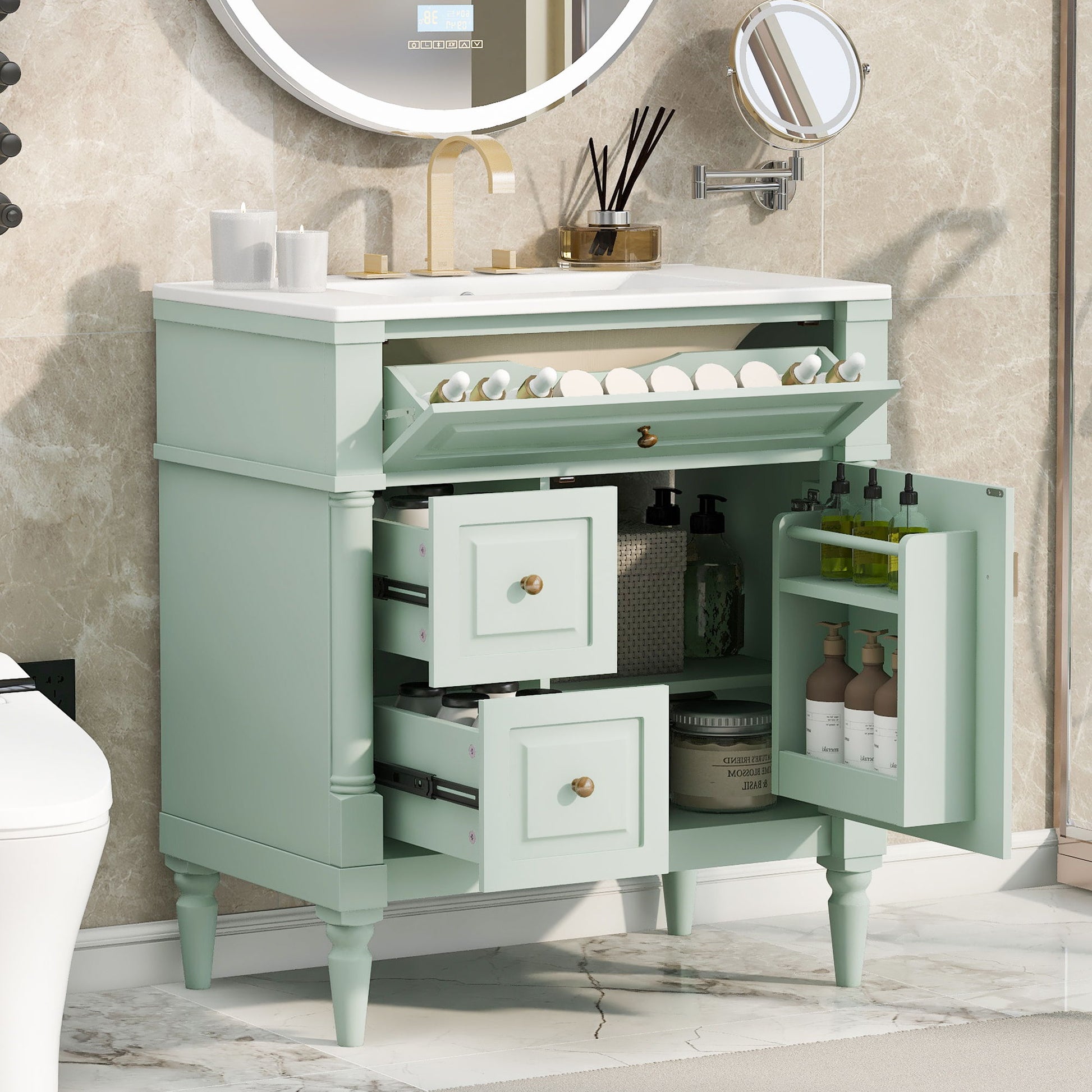 Modern Bathroom Vanity With Sink, Freestanding Cabinet With Flip Drawer & Adjustable Shelf