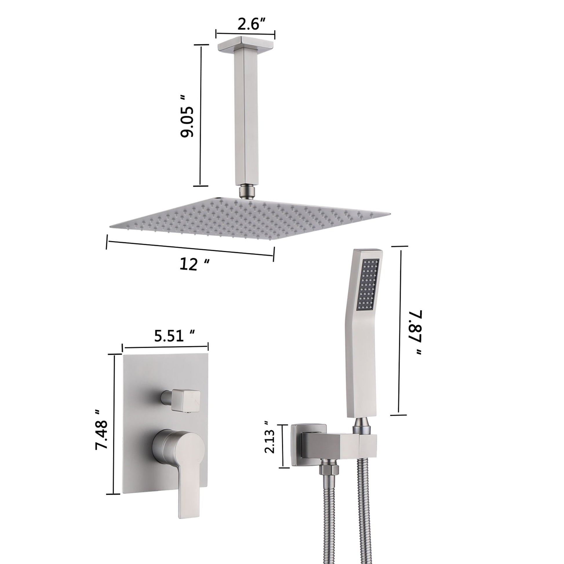 Luxury 12" Ceiling Mount Rainfall Shower System With Brass And Stainless Steel - Brushed Nickel
