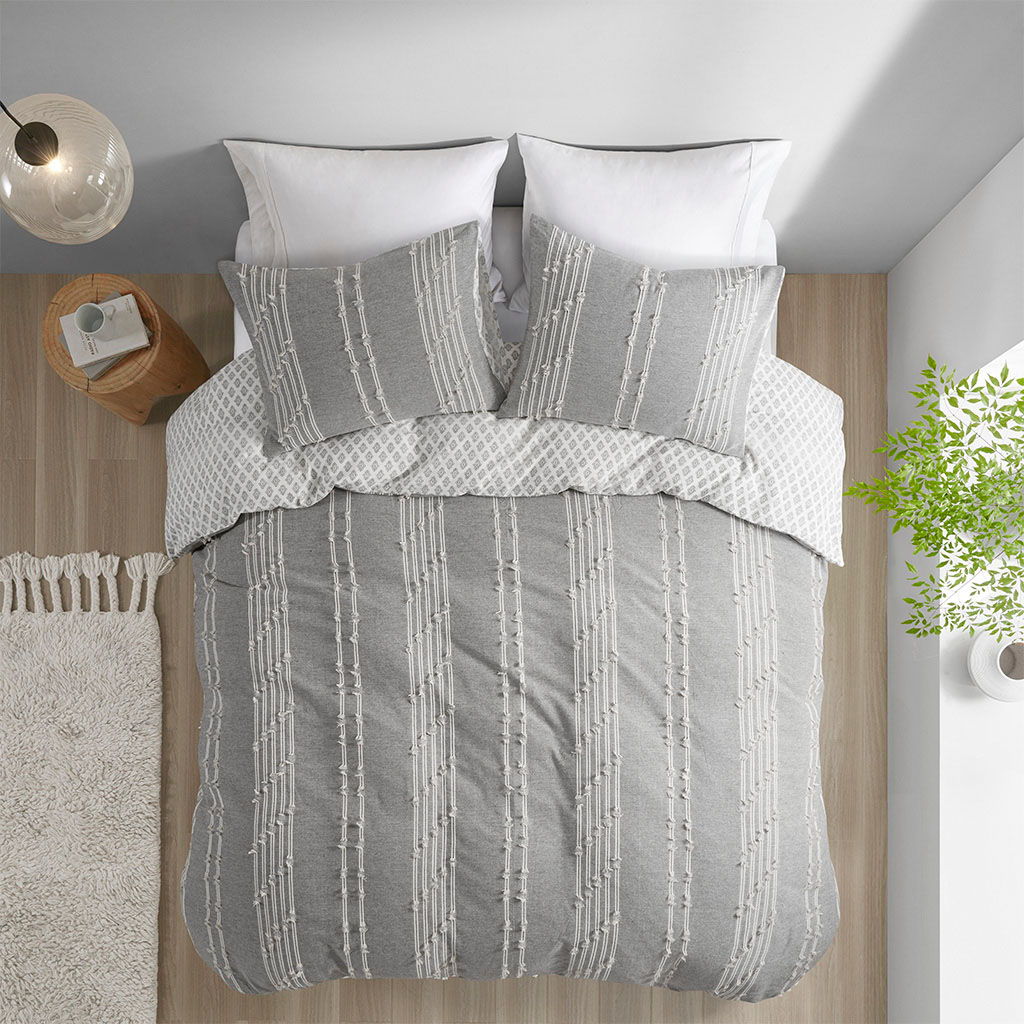 Kara - 3 Piece Jacquard Duvet Cover Set - Gray