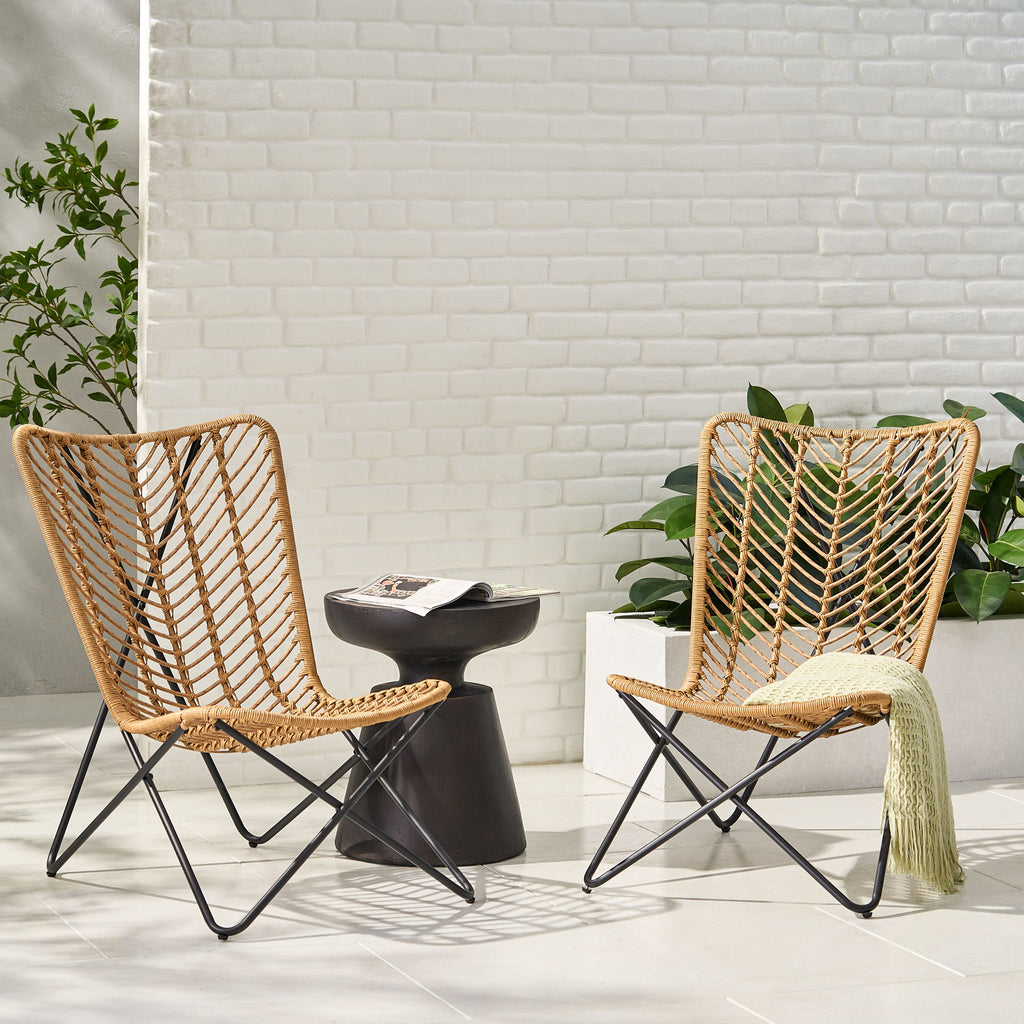 Wicker Chair With Geometric Cross Base, (Set of 2) - Light Brown