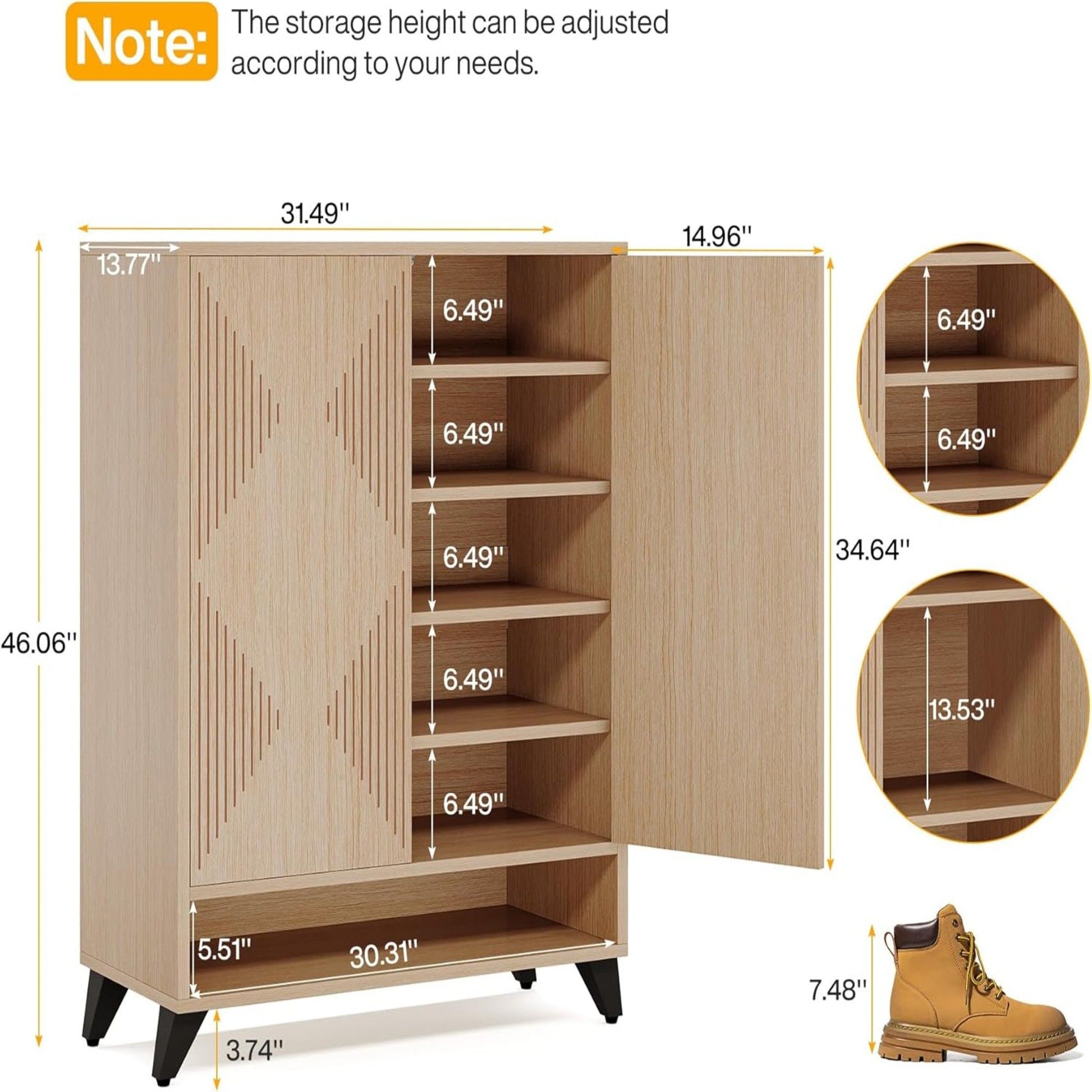 6 Tier Shoe Cabinet With Doors, Handle Free Push To Open Storage Unit For Entryway - Natural