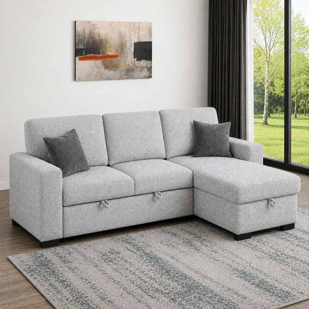 Buzz - Reversible Sleeper Sectional Sofa With Storage Chaise, Console Arm, USB Charging & Cup Holders - Gray