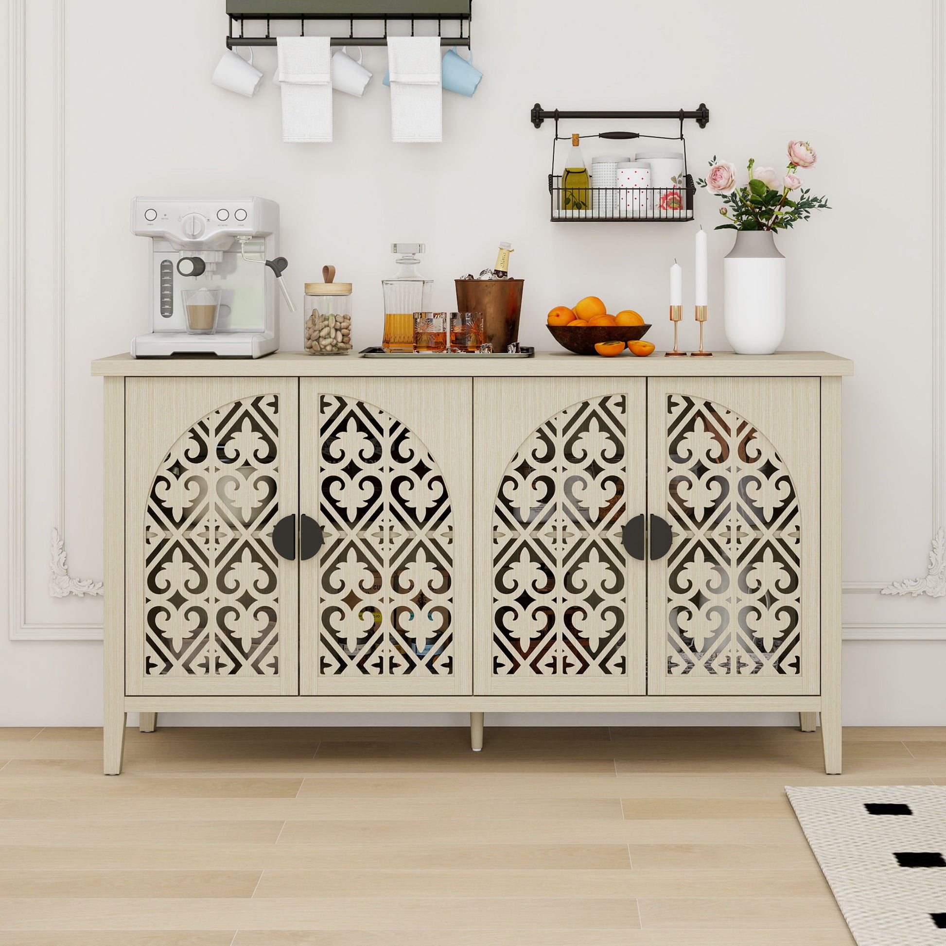 Hollowed Out Cabinet With 4 Doors, Suitable For Bedroom - Natural