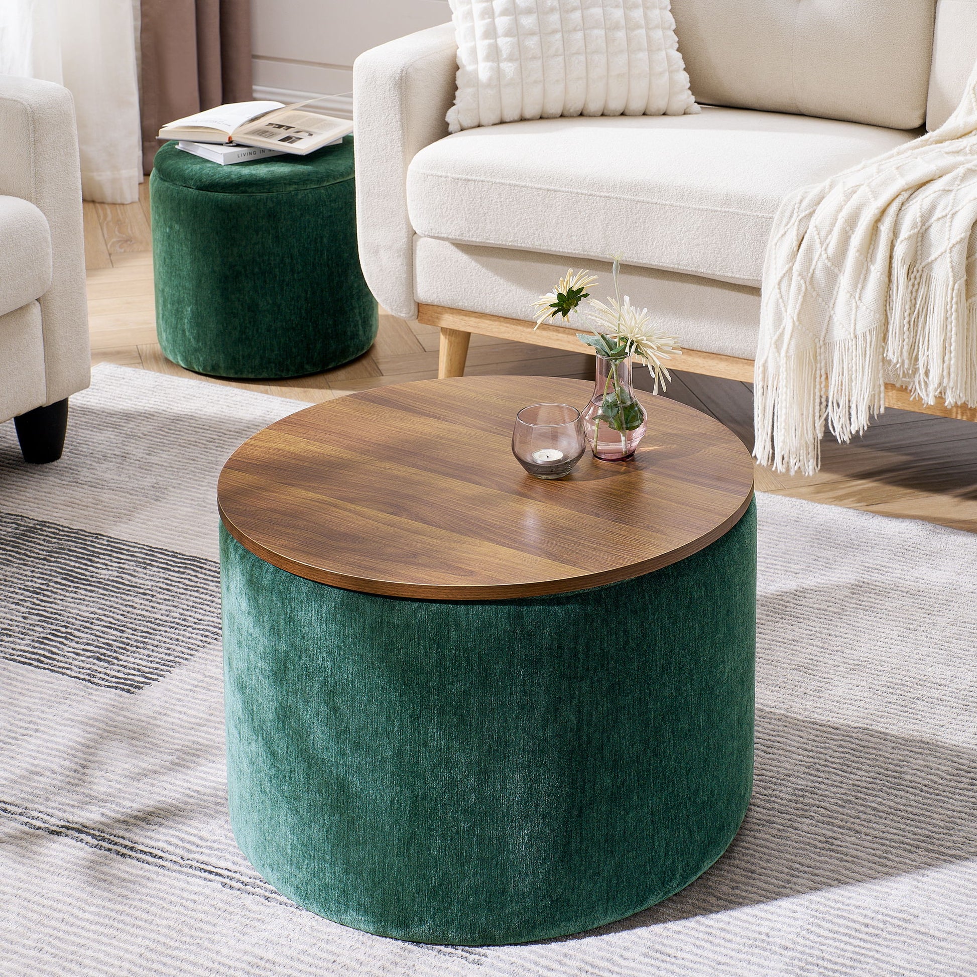 Classic 2 Piece Round Storage Ottoman Set With Drum Shaped Stool