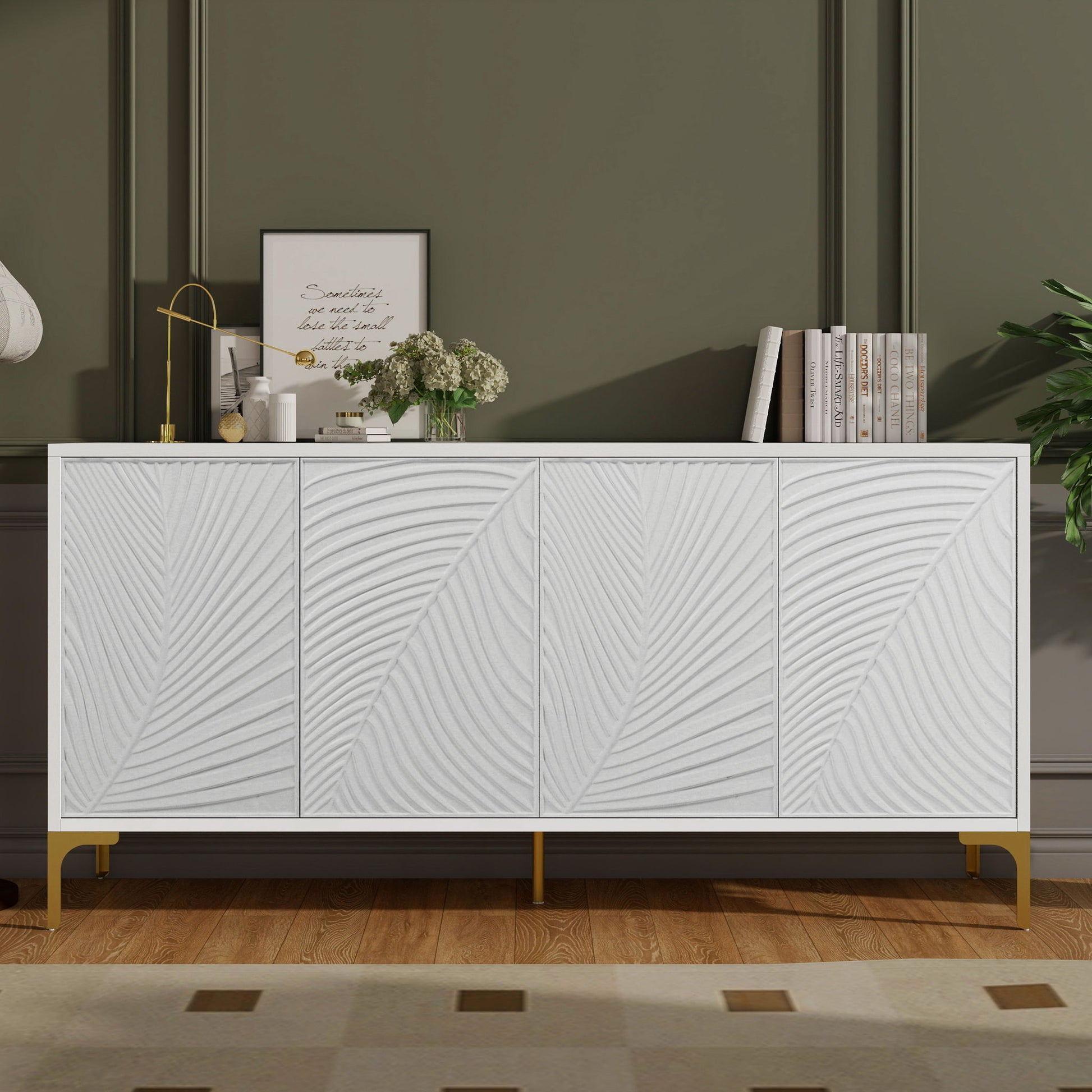Modern 4 Door Sideboard With Creative Carved Surface And Adjustable Shelves