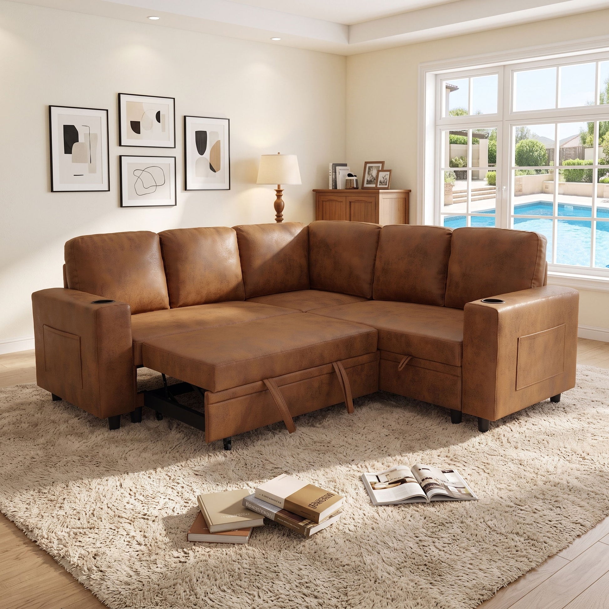 Upholstered L - Shape Sectional Sofa Bed With Pull Out Sleeper And Storage