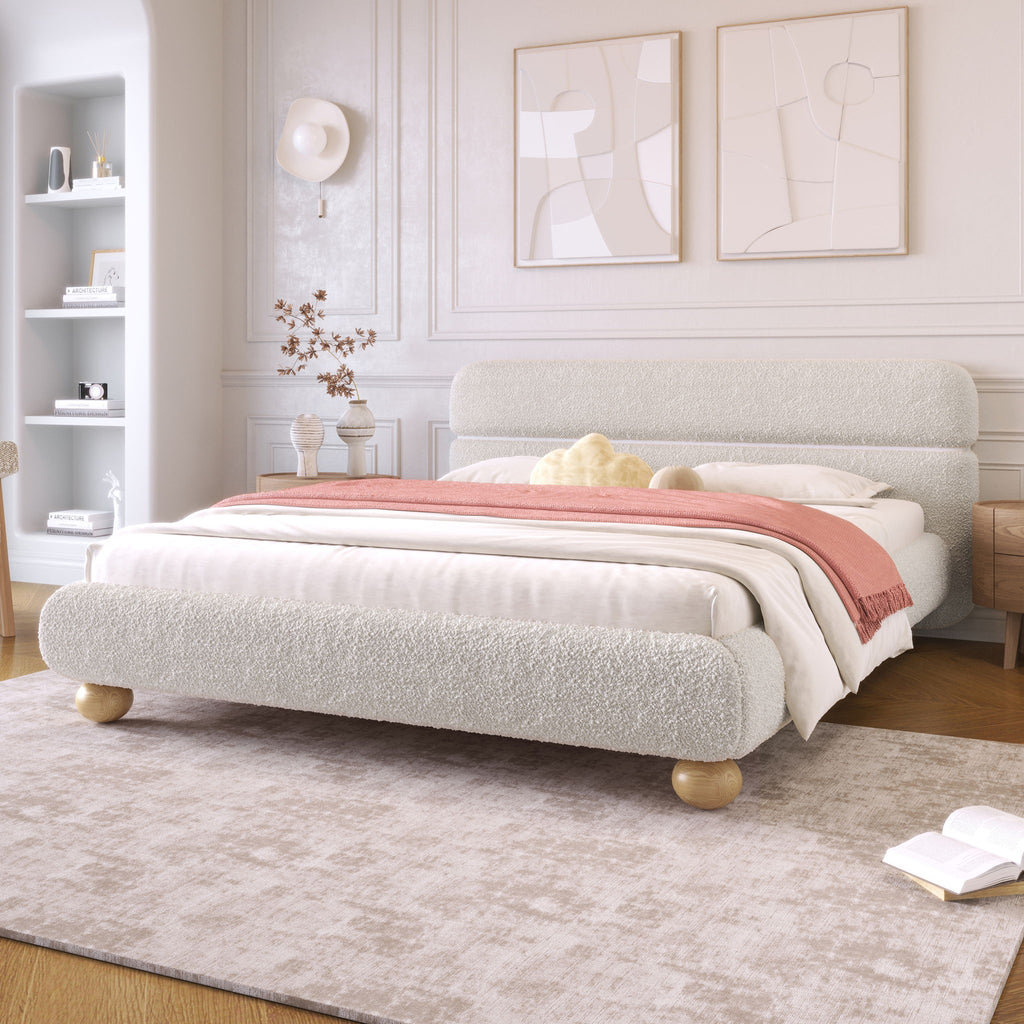 Queen Size Low Profile Upholstered Bed - White