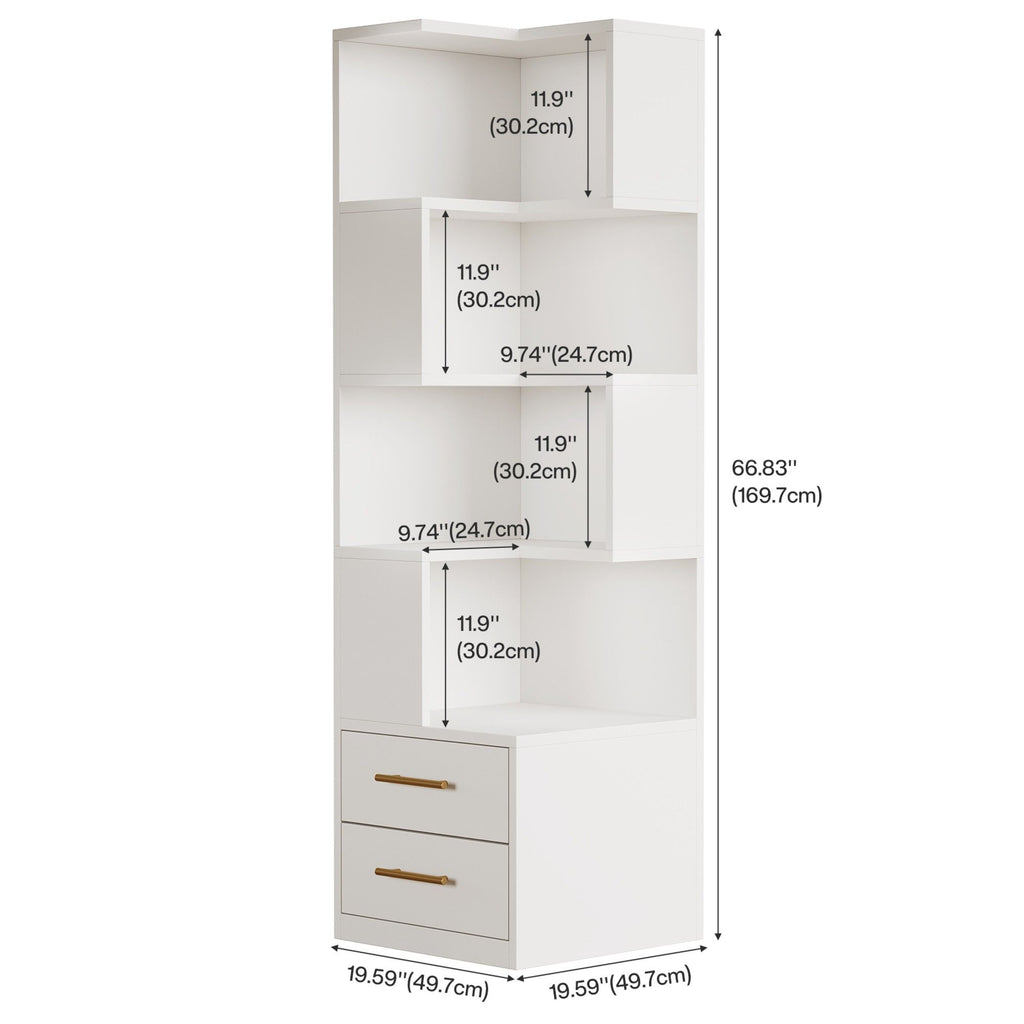Corner Bookshelf With 2 Drawers, 5 Tier Bookcase For Apartment - White