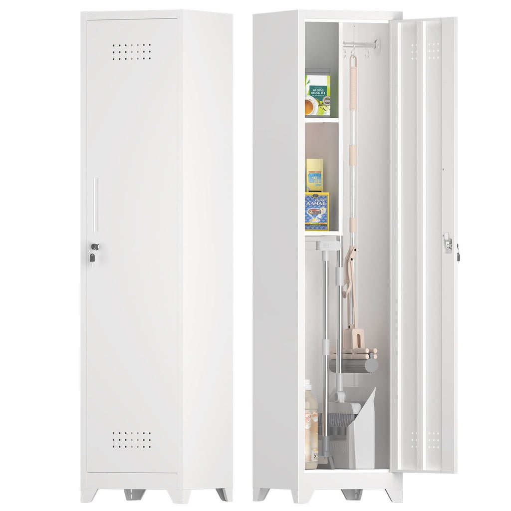 Broom Storage Cabinet Narrow Slim With Hooks And Shelves, Heavy-Duty