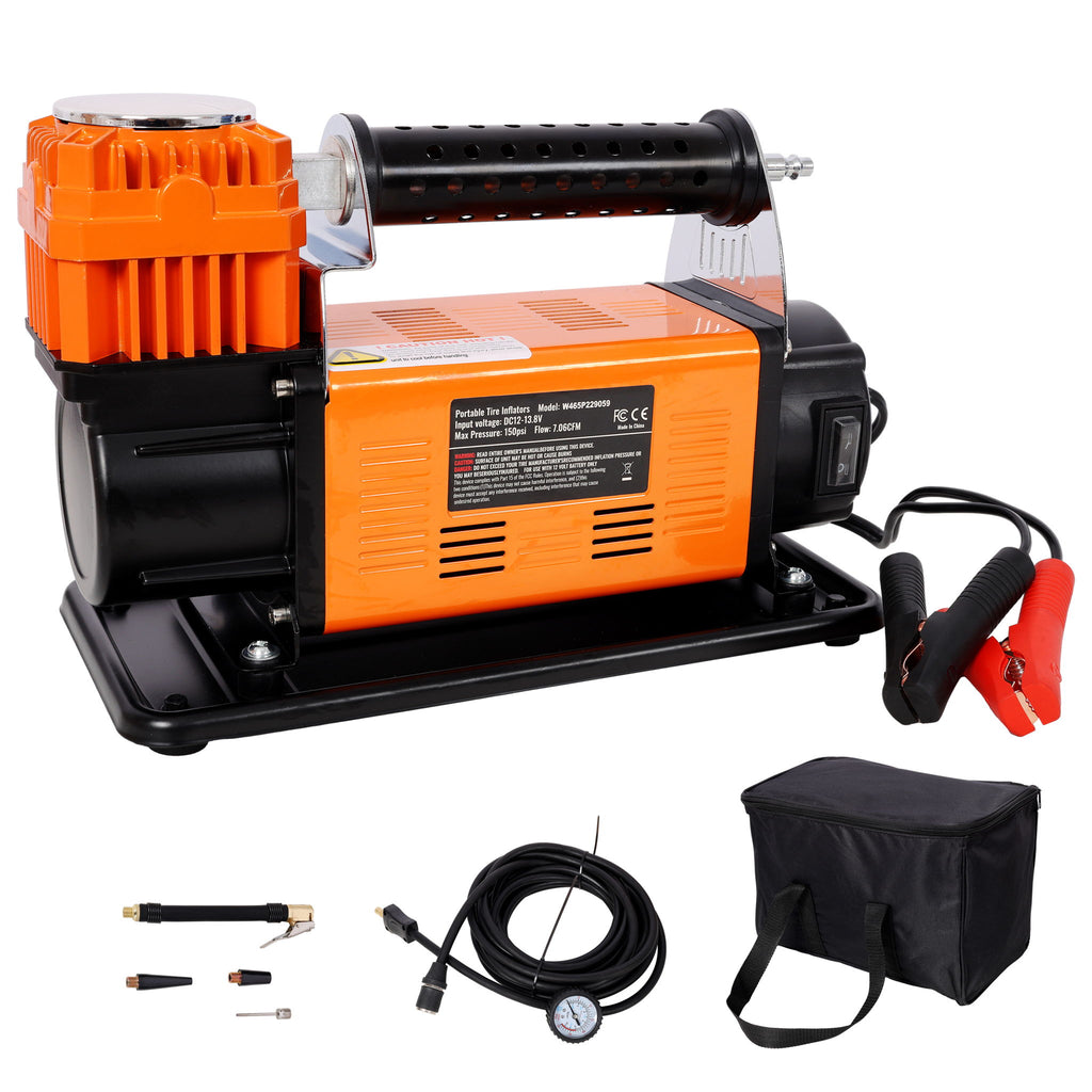 Heavy Duty 12V Air Compressor, Tire Inflator With Pressure Gauge, Compact Size - Black / Orange