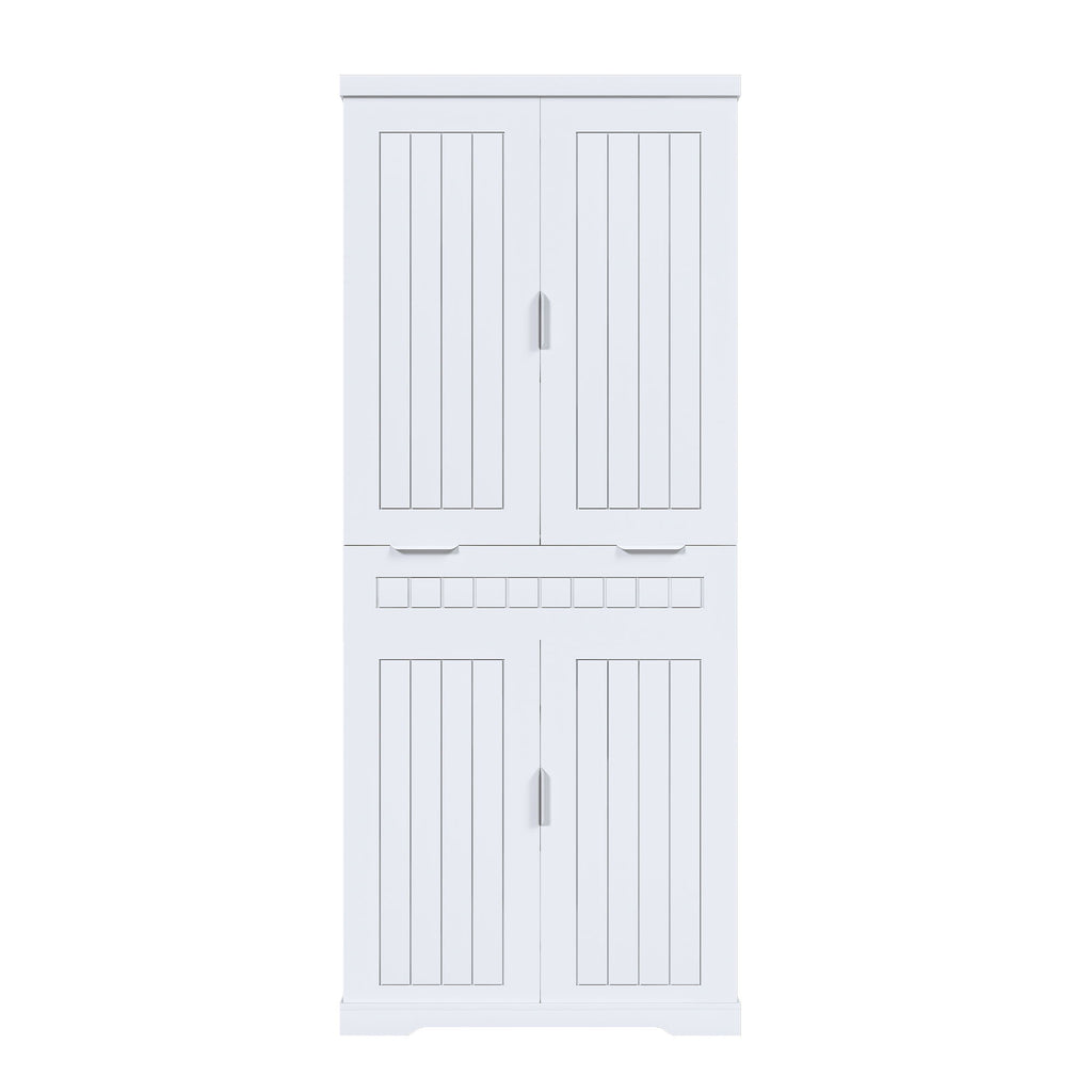 Farmhouse Style Pantry Cabinet With Drawer 2 Cabinets & 6 Door Shelves Adjustable Shelves Freestanding Cupboard - White