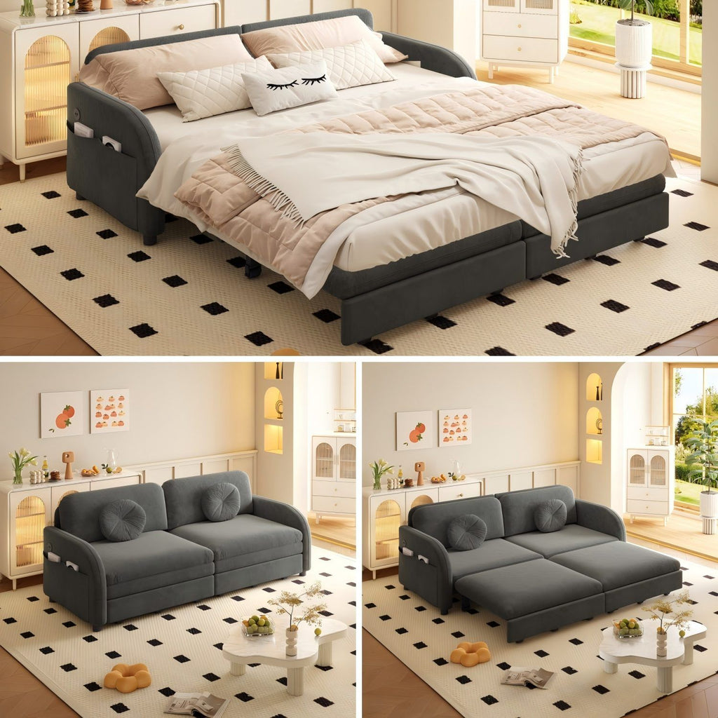 Upholstered Pull Out Couch With Side Pocket & USB Port