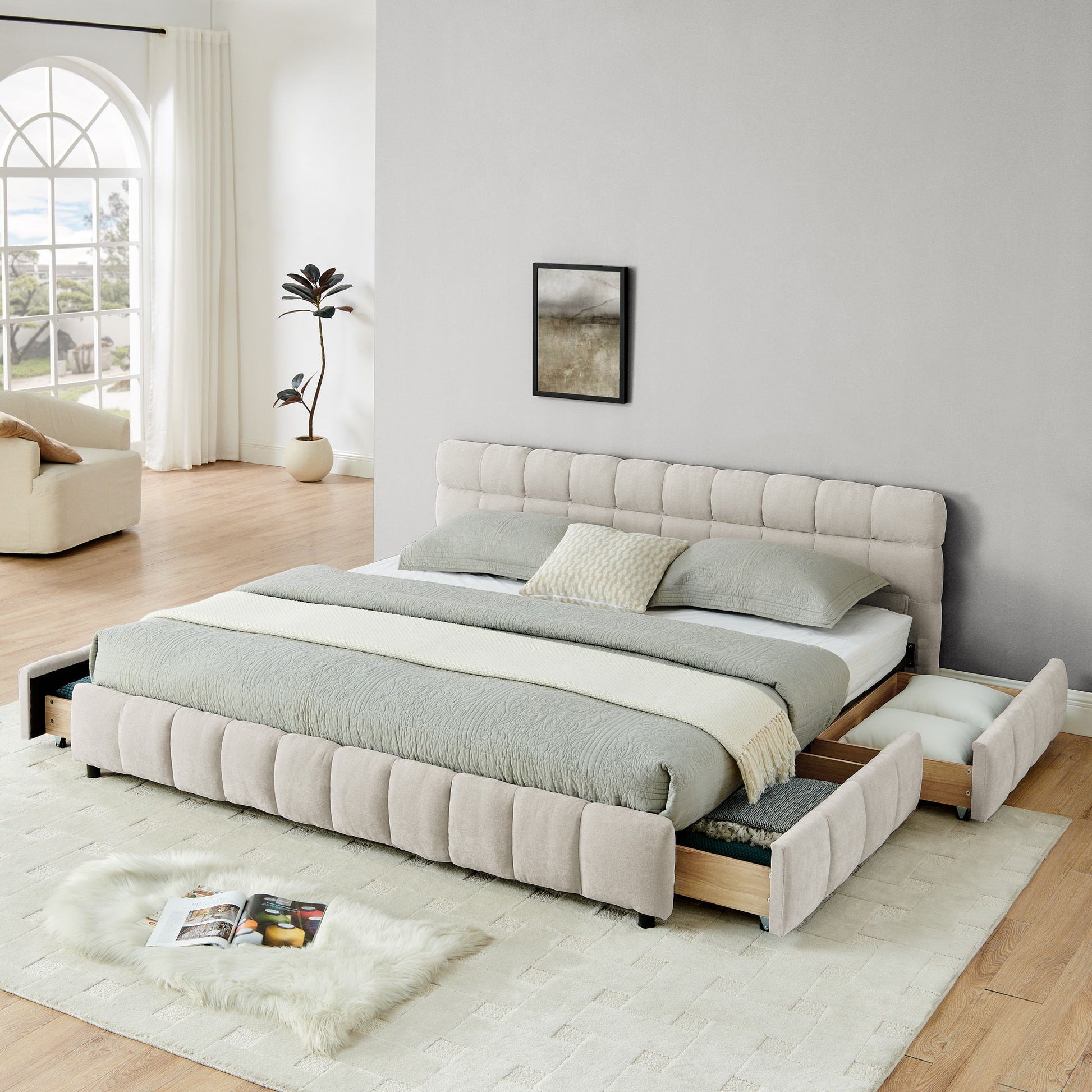 Modern Platform Bed Frame With Thick Chenille Fabric