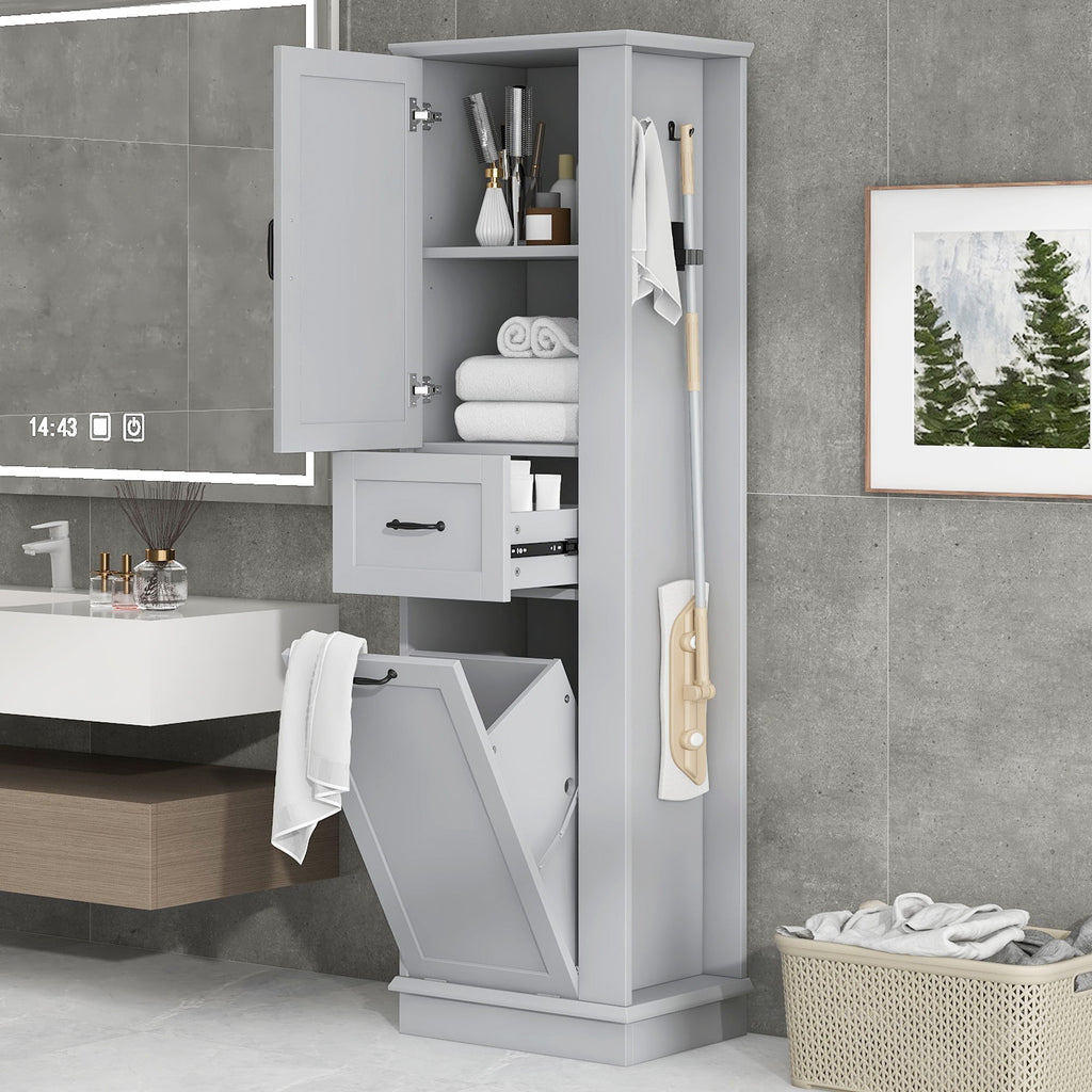 Modern Tall Storage Cabinet With Tilt-Out Compartment, Adjustable Shelves