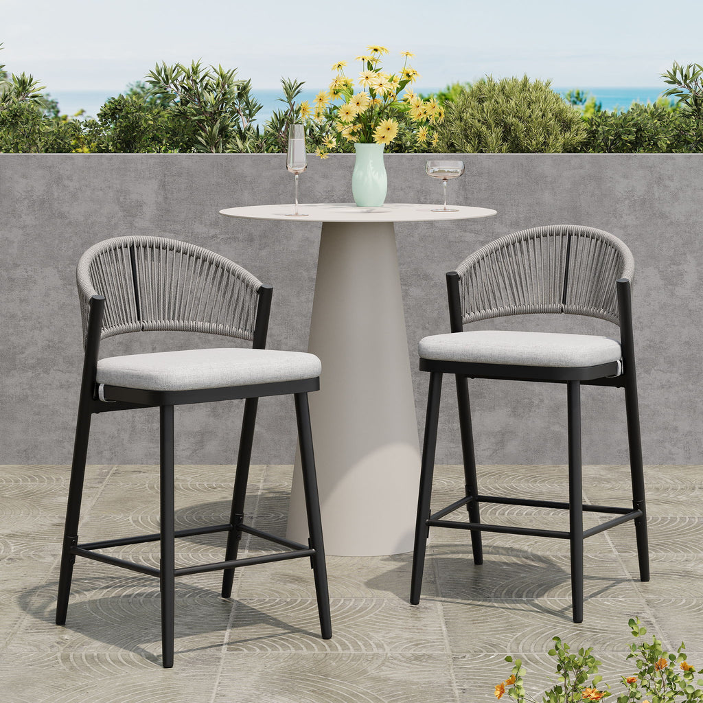 Outdoor 26" Counter Height Metal Frame Counter Stools With Scallop Shaped Backrest & Water Resistant Cushions