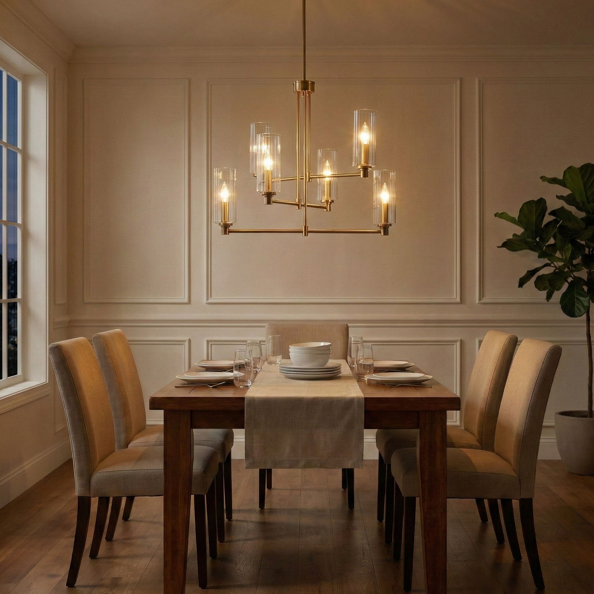 Timeless - 6 Lights Chandelier With Clear Ribbed Satin - Antique Brass / Clear / Gold