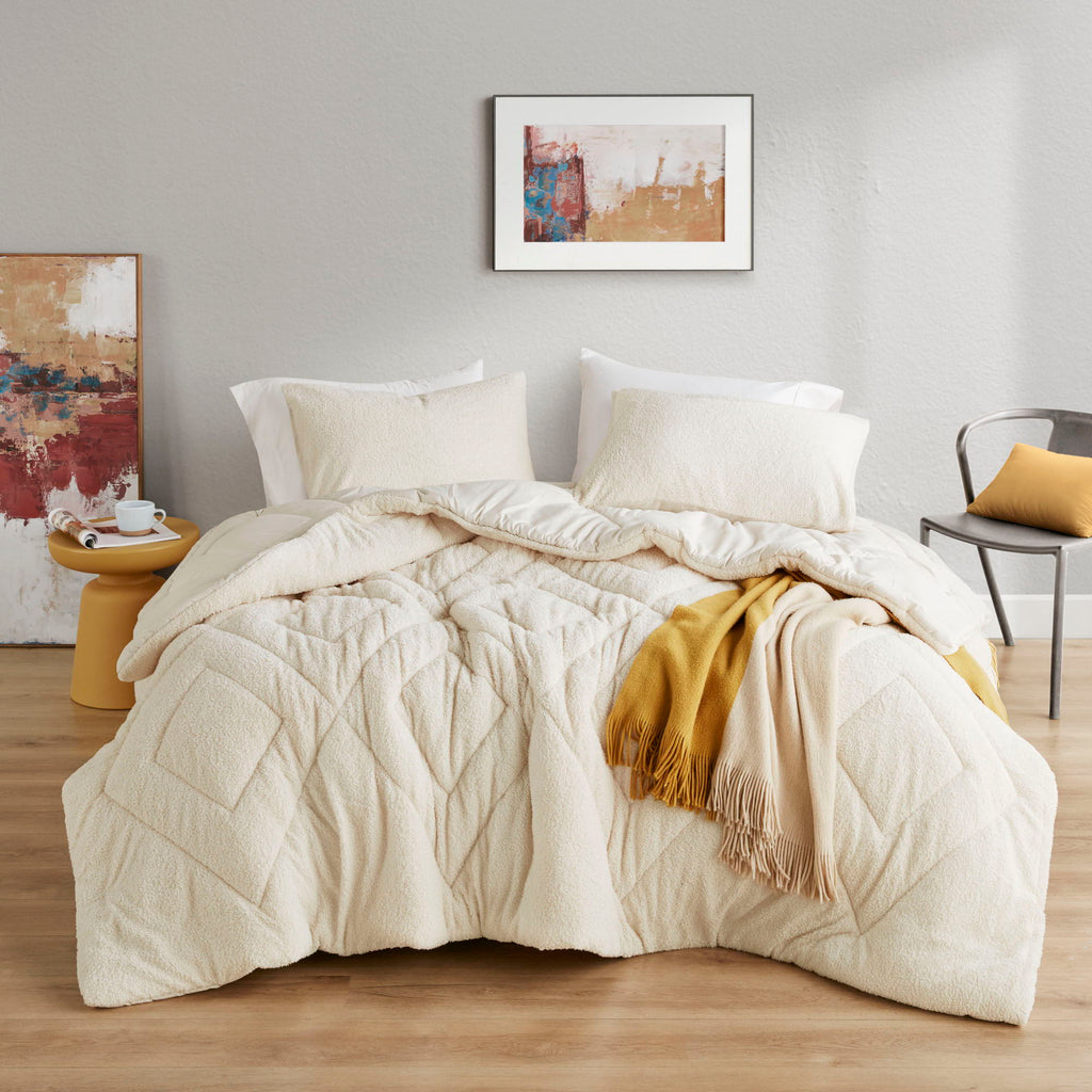 Kyla - Twin/Twin Long Double Diamond Quilted Teddy Comforter Set - Ivory
