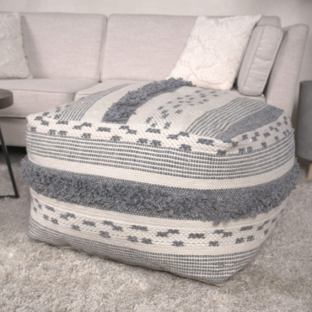 Karim - Faux Yarn Large Pouf, Durable - Ivory / Gray