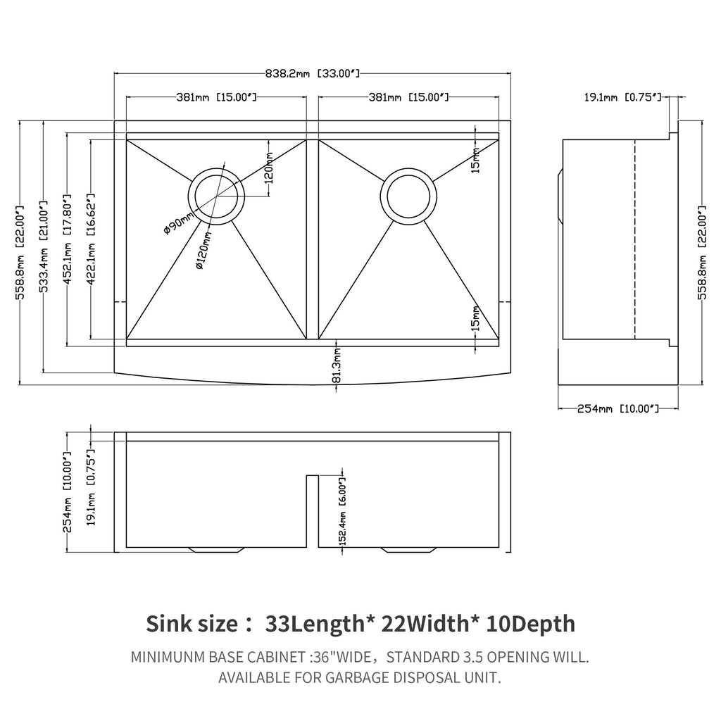 Farmhouse Double Bowl Workstation Kitchen Sink 33" Stainless Steel 16 Gauge Apron Front, Finish - White