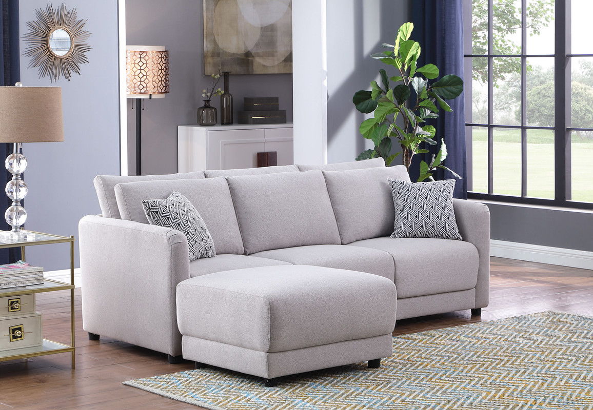 Penelope - Linen Fabric Sofa With Ottoman And Pillows (Set of 2) - Light Gray