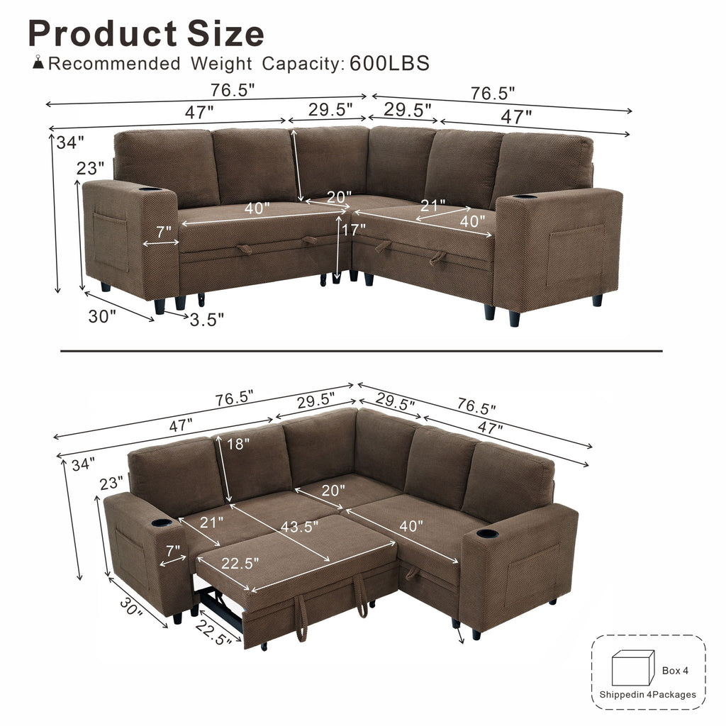 Upholstered L - Shape Sectional Sofa Bed With Pull Out Sleeper And Storage