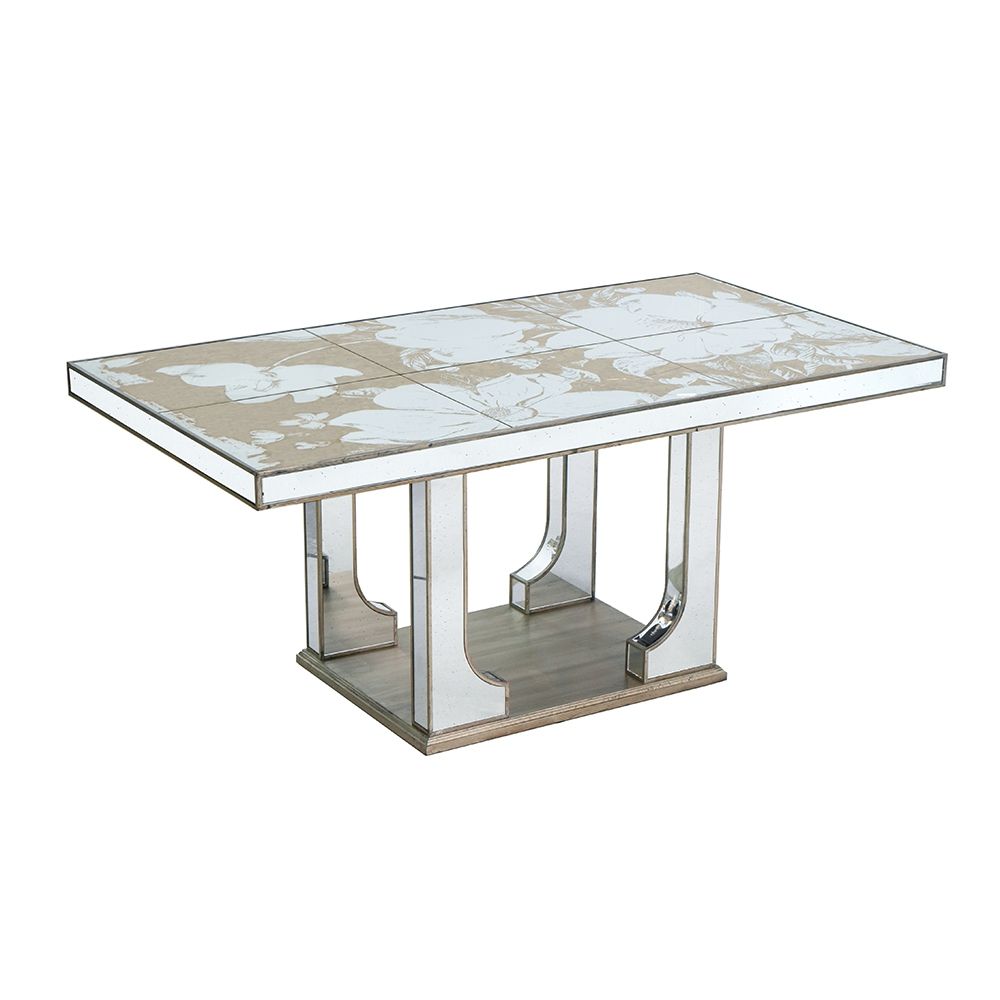 Large Mirrored Dining Table With Elegant Floral Design And - Silver Multi