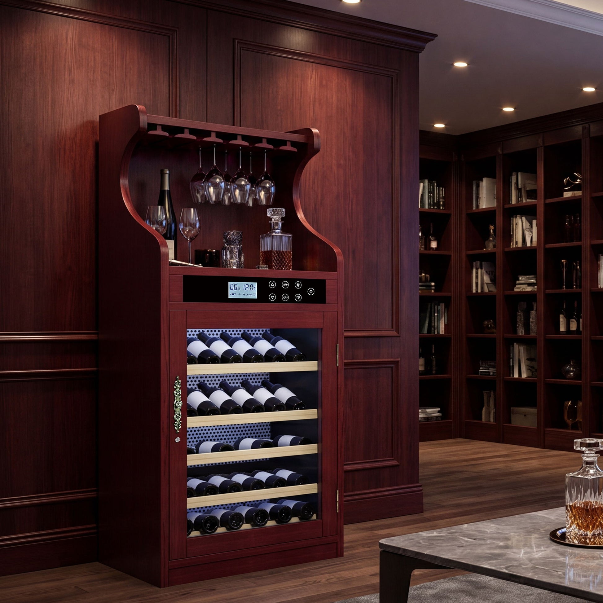 Wine Cooler Cabinet With Touch Control, 43 Bottle Capacity, Humidity & Temperature Regulation - Cherry