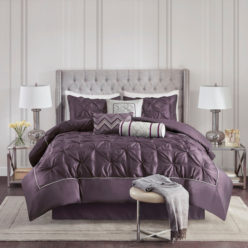 Laurel - Full Pieced Pleated 7 Piece Tufted Comforter Set - Plum