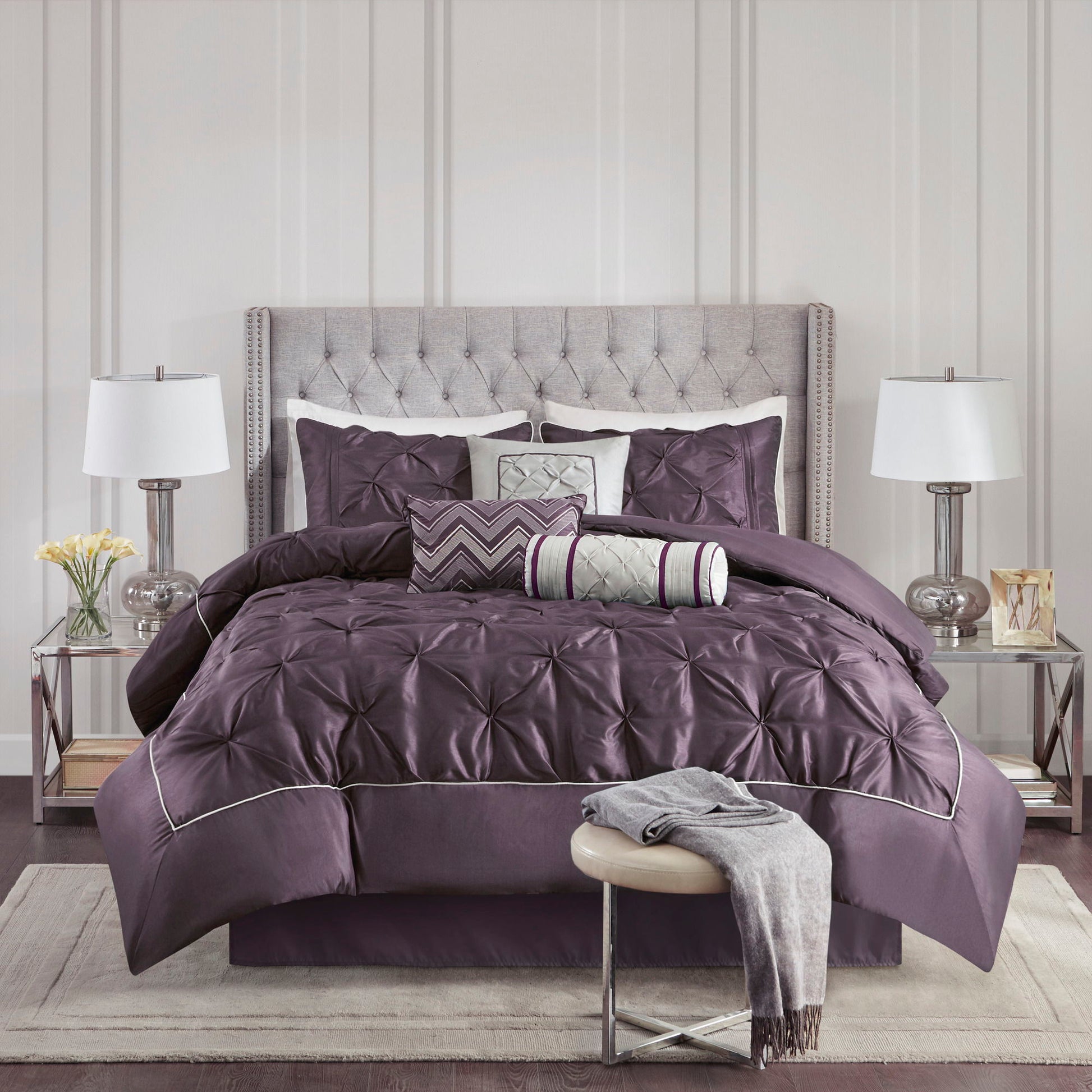 Laurel - Full Pieced Pleated 7 Piece Tufted Comforter Set - Plum