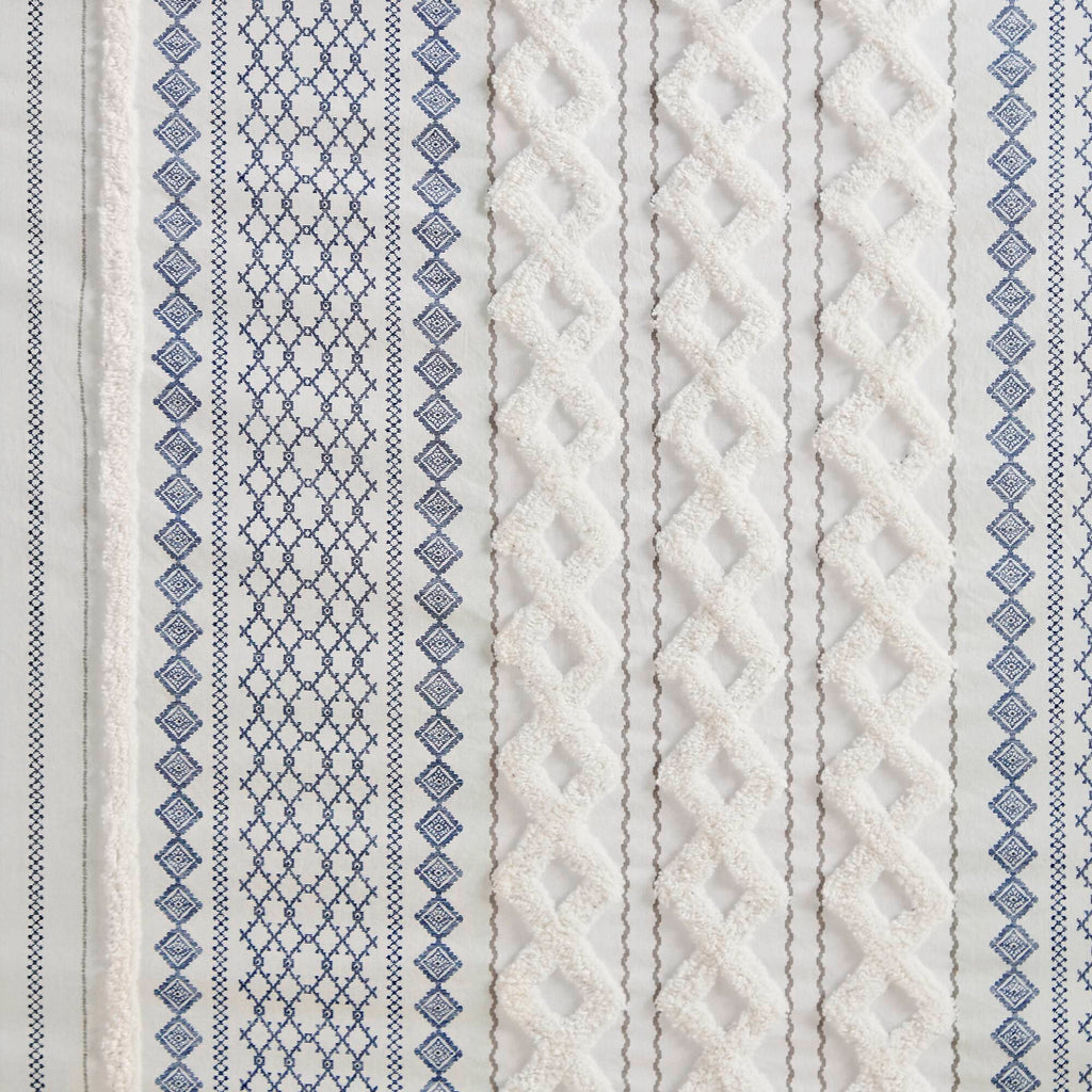 Imani - Cotton Printed Shower Curtain With Chenille - White / Navy