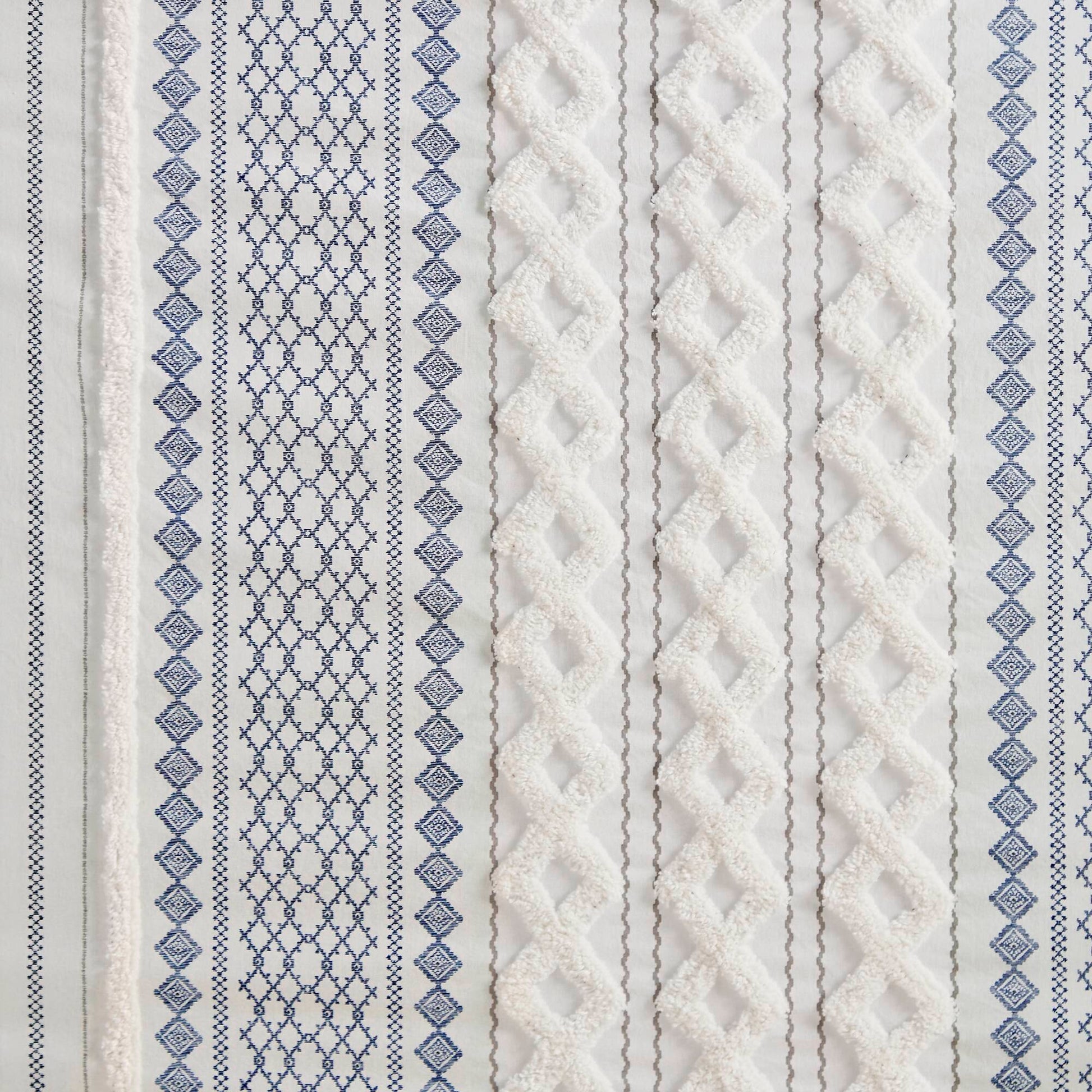 Imani - Cotton Printed Shower Curtain With Chenille - White / Navy