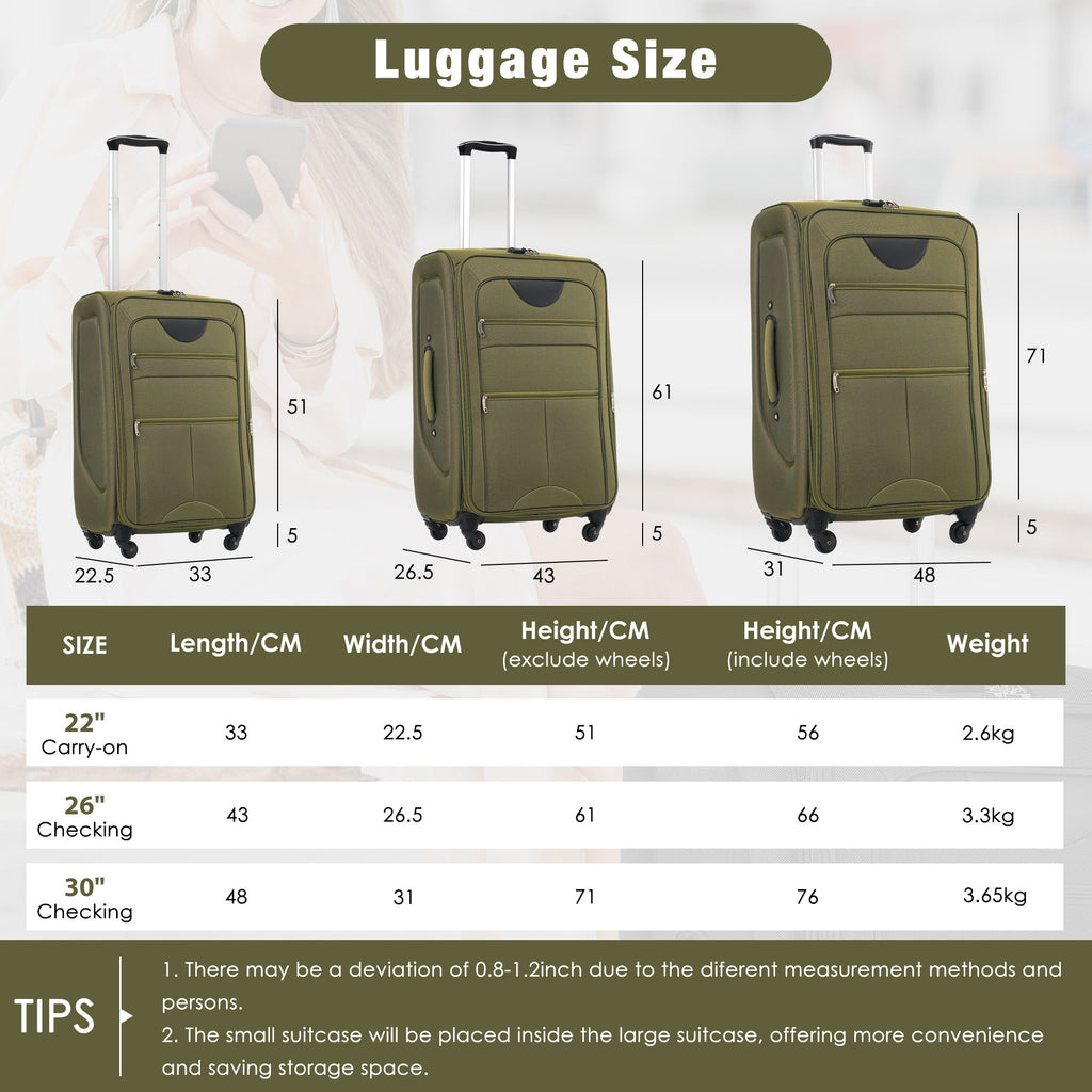 Softside Luggage Expandable 3 Piece Set Upright Spinner Lightweight Travel Suitcase 22" / 26" / 30" - Army Green