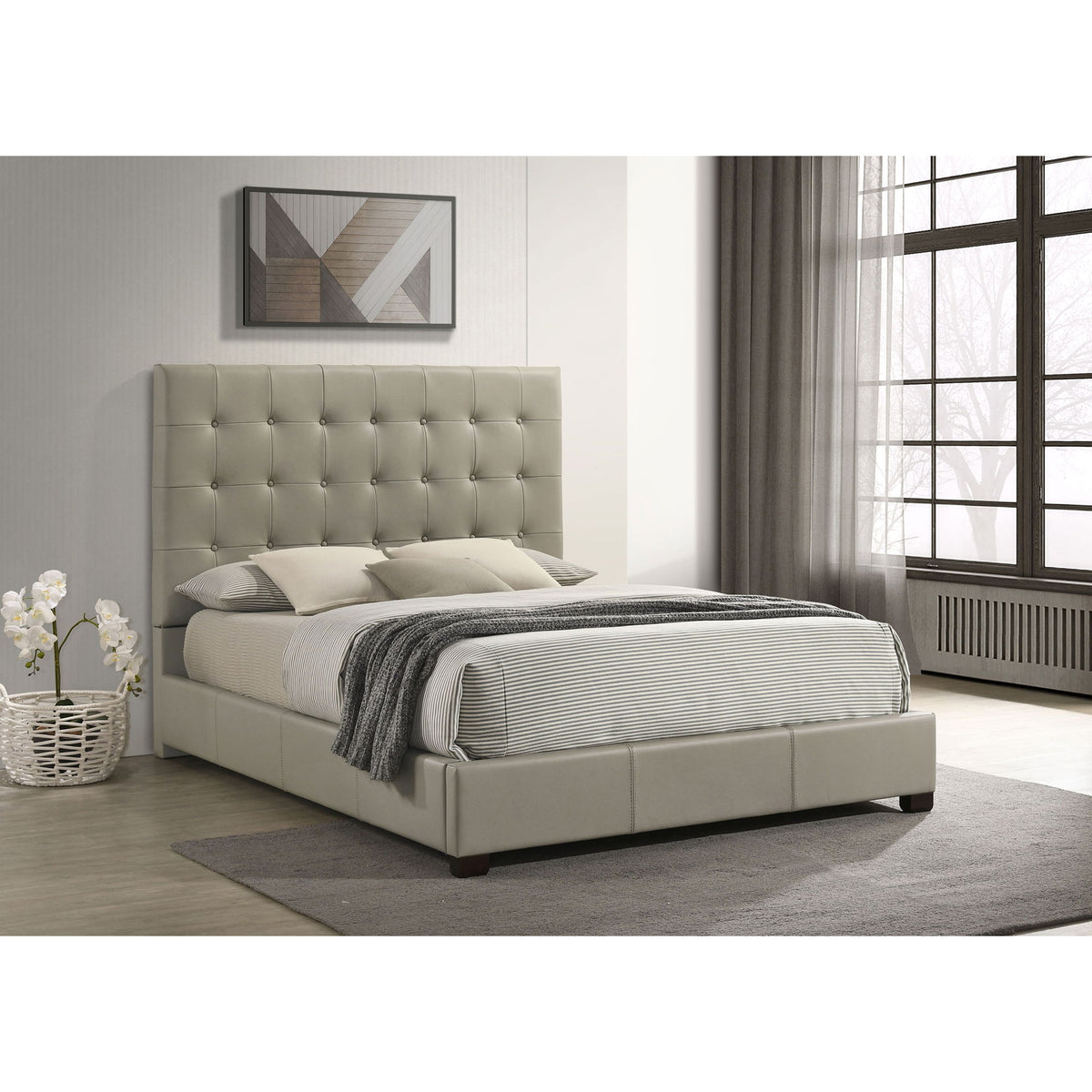 Queen Panel Platform Bed With Grid Tufted Headboard - Tan