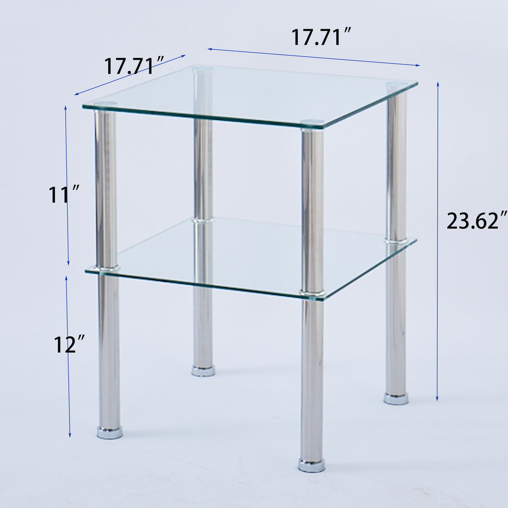 Modern 2 Piece Side Table With Storage Shelf, Tempered Glass, Space Saving Design - Clear