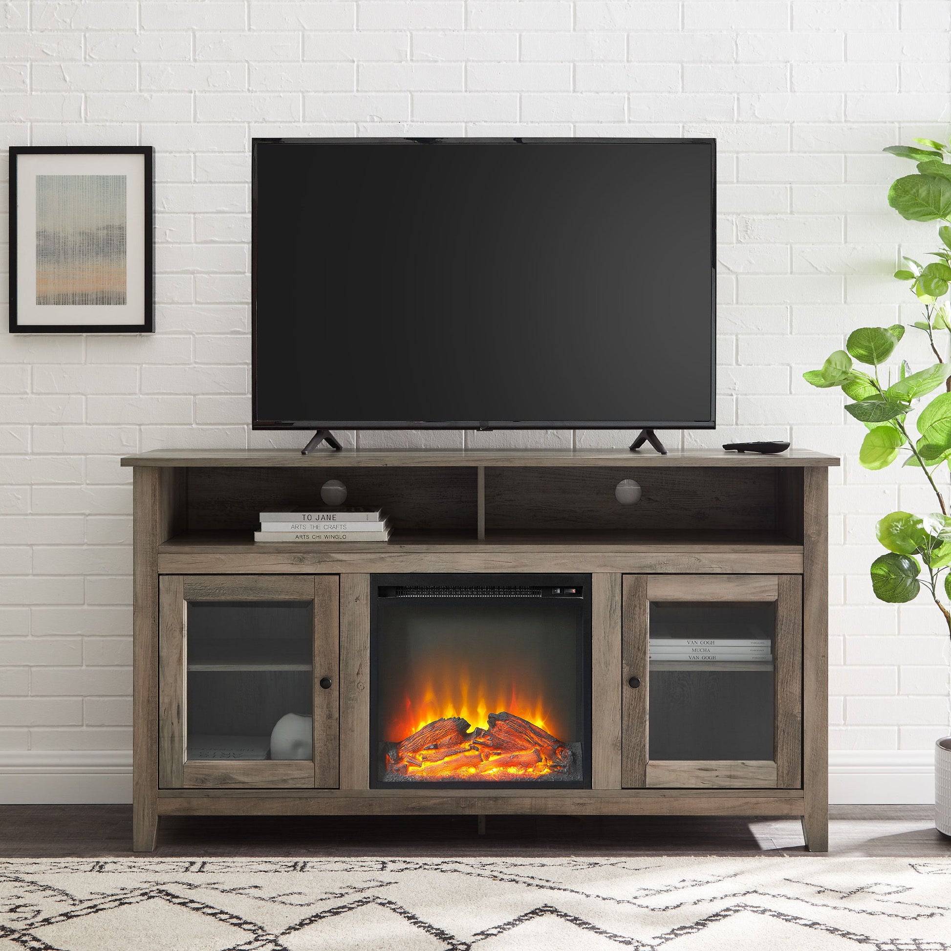 Classic Glass Door Fireplace Tall TV Stand For TVs Up To 65"