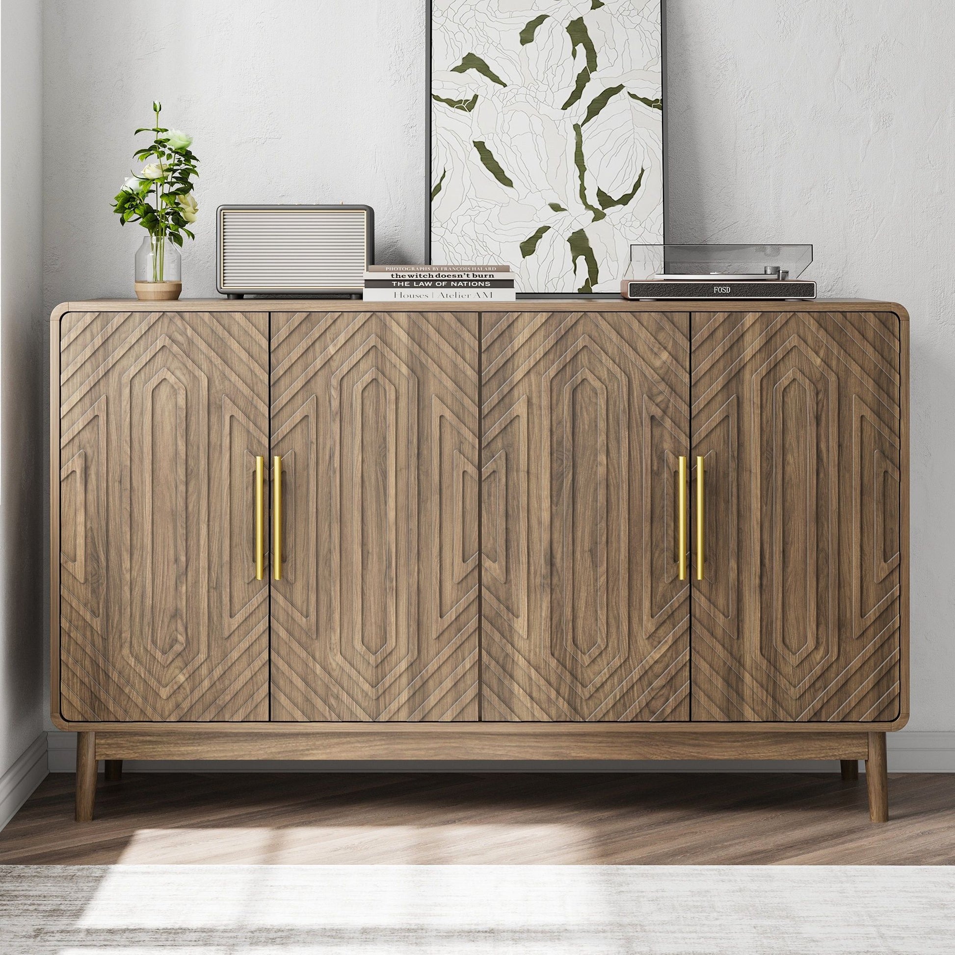 Sideboard Buffet Cabinet With Carved Doors And Adjustable Layer Board